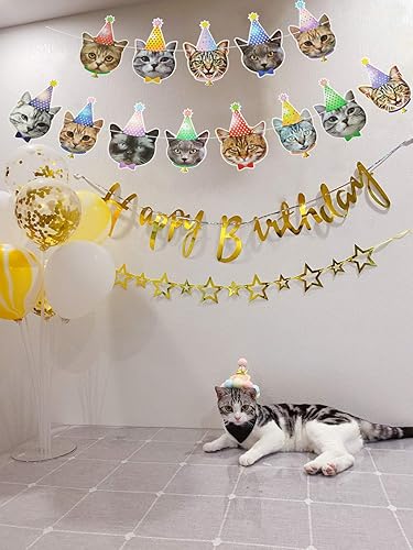 Miniatura 5 de Cartel de feliz cumpleaños de gato, guirnalda fotográfica de cumpleaños con caras de gato, decoración de fiesta para niños y niñas, suministros de