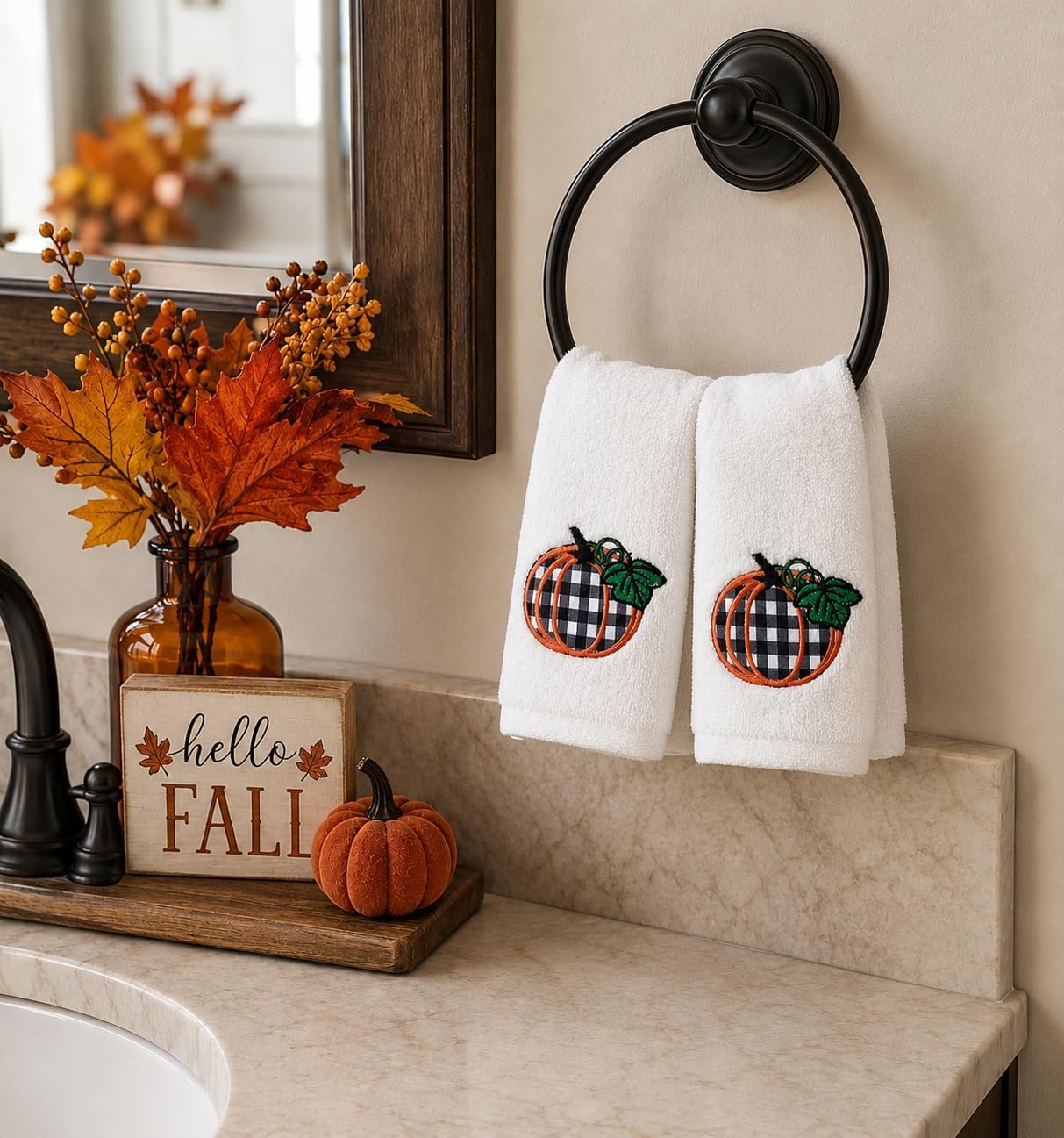 Serafina Home Decorative Fall Decor Fingertip Towels: Embroidered Black White Gingham Pumpkin on Plush Ivory White, 2 Piece Set, 12" x 18" Inch Each (Plaid Pumpkin)