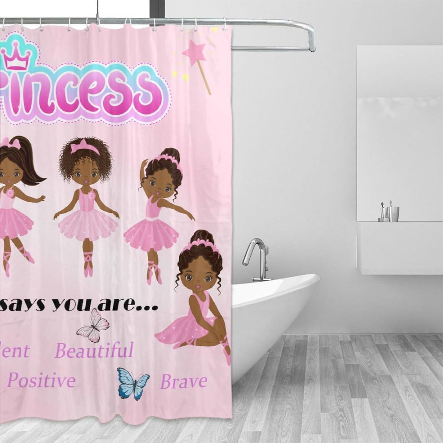 Ballerina Princess Pink Shower Curtain,Cute Cartoon Black Girls Print Shower Curtain for Bathroom Decor Fabric Waterproof Upholstery Hook 66x72 Inches