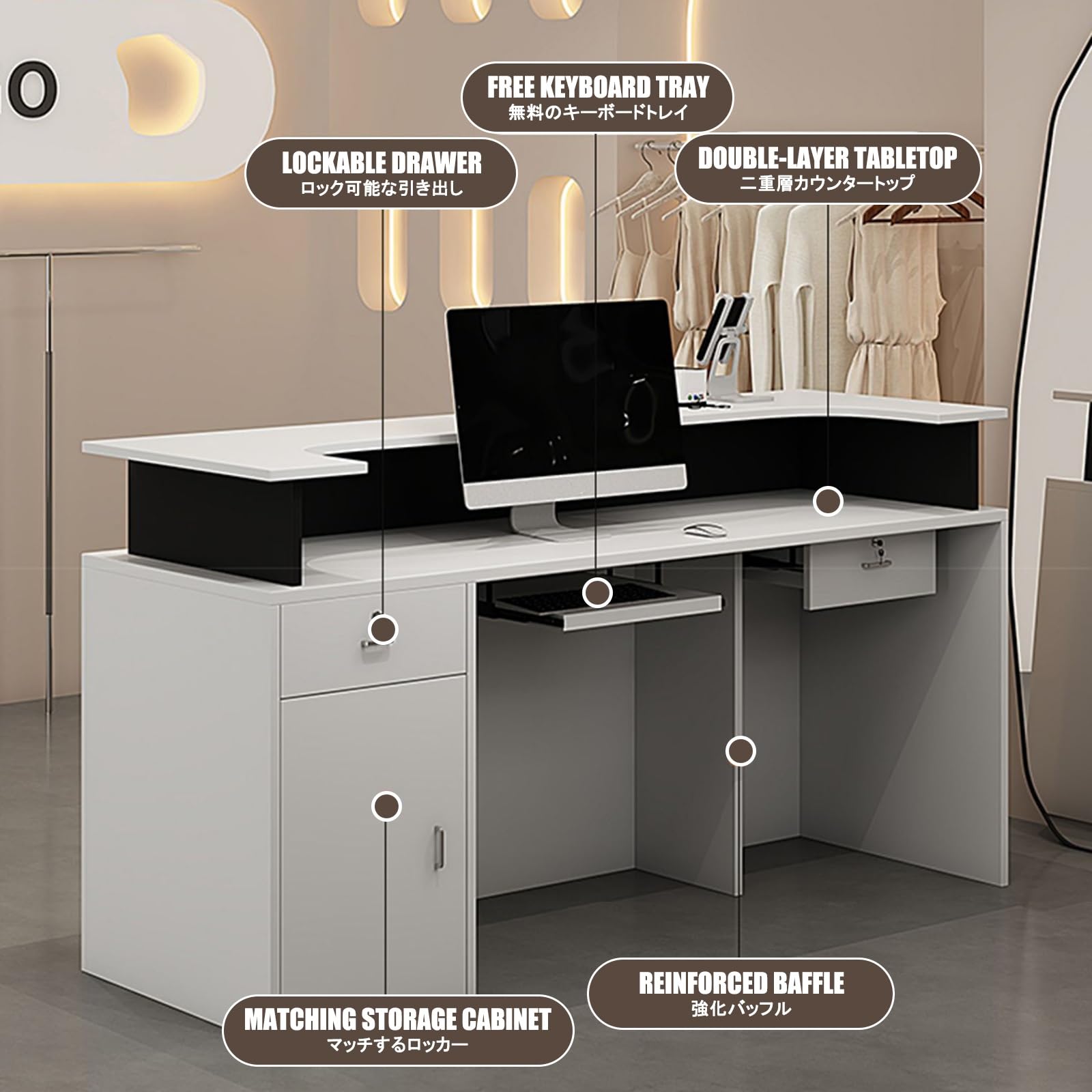 Moderno bancone per reception con cassetto bloccabile, elegante banco vendite per ufficio e vendita al dettaglio, bancone anteriore da 100 cm, per hall e salone (finitura albicocca)