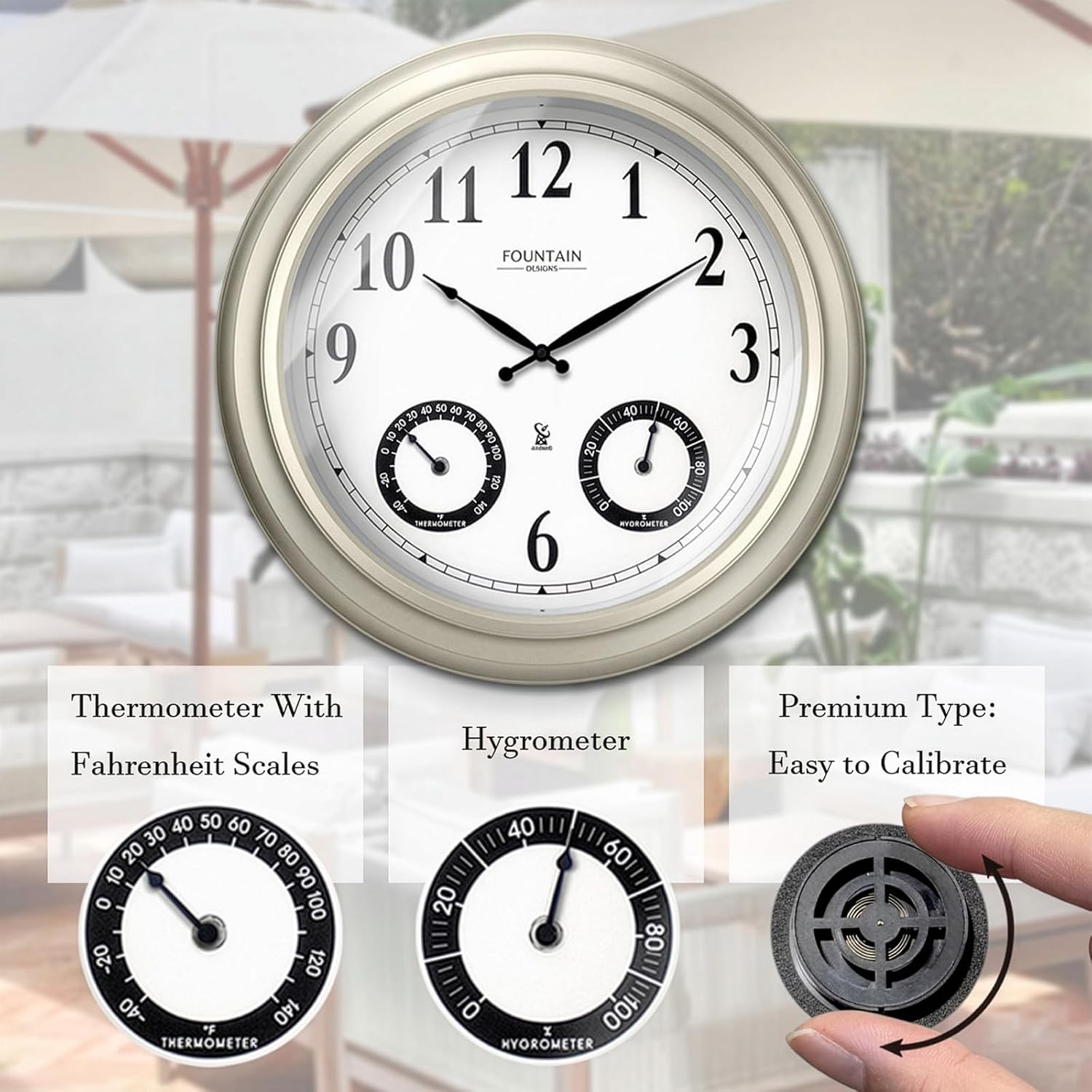 20" Evander Outdoor Atomic Clock with Thermometer & Hygrometer, 3 in 1 Weather Stations, Large Wall Clocks for Living Room Decor,Modern Farmhouse Home Decor (Morning Silver)