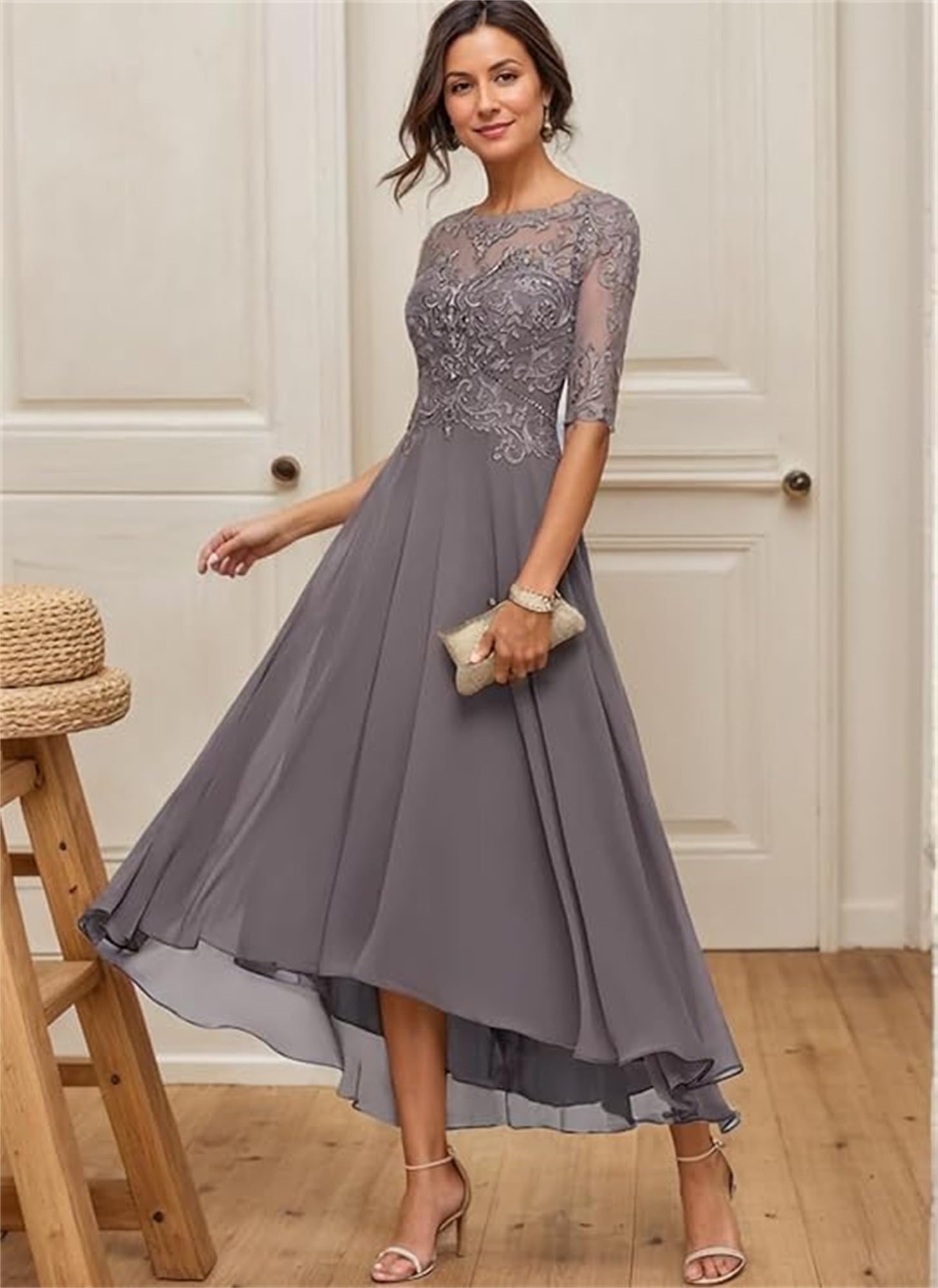 Tee Länge Brautmutterkleider Spitze Kleider für die Mutter der Braut Damen Elegant Chiffon A-Linie Abendkleid mit 1/2 Ärmel
