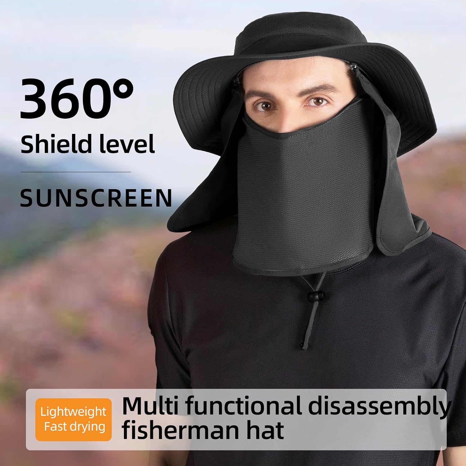 UPF 50+ Fishing Hat with Detachable Mask, Water-Repellent Full-Coverage for Spring Fishing, Hiking, Beach, Gardening
