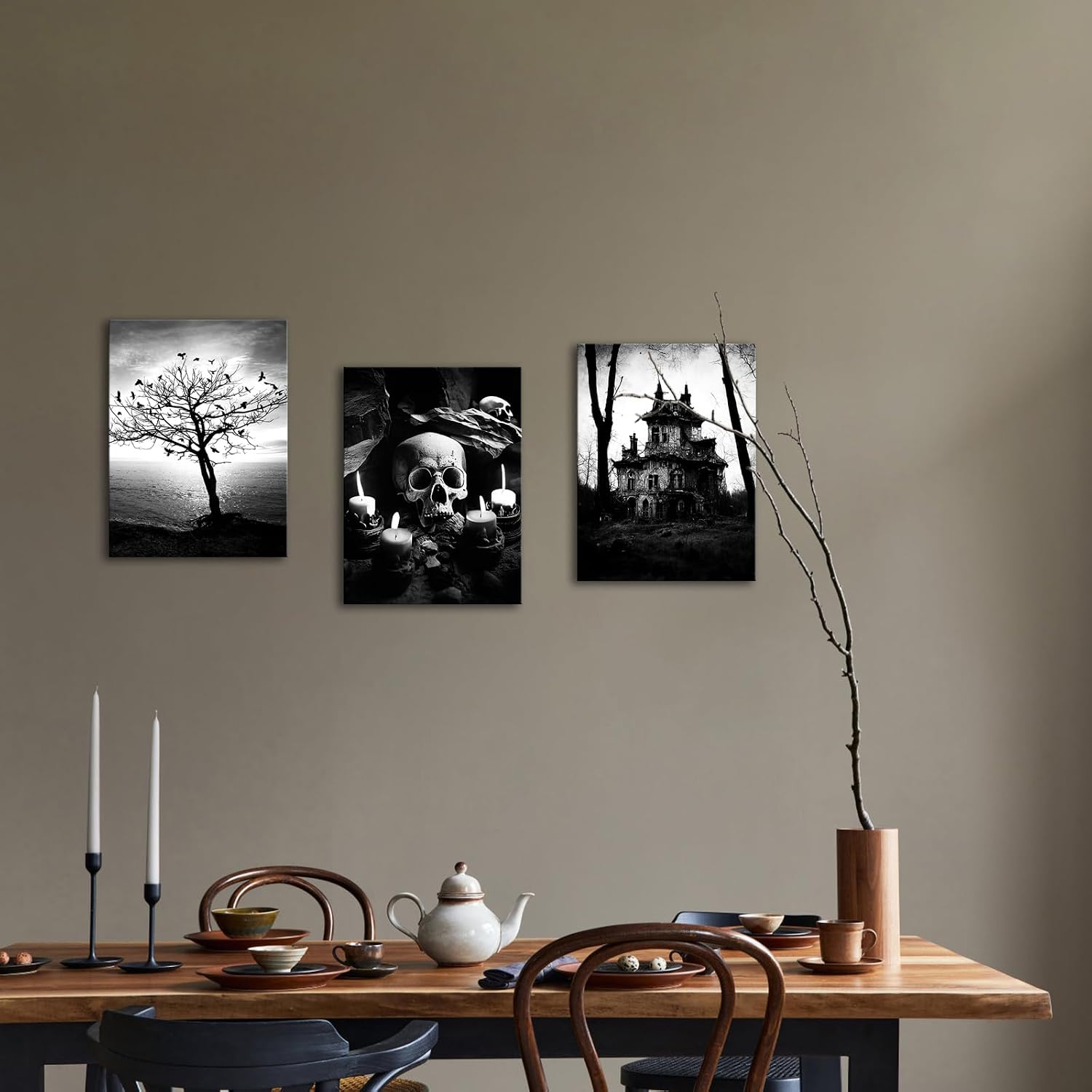 OuElegent Black and White Gothic Canvas Wall Art Spooky Pictures Artwork Candles Skull Crows Painting Print for Living Room Home Decor Framed Ready to Hang (small)