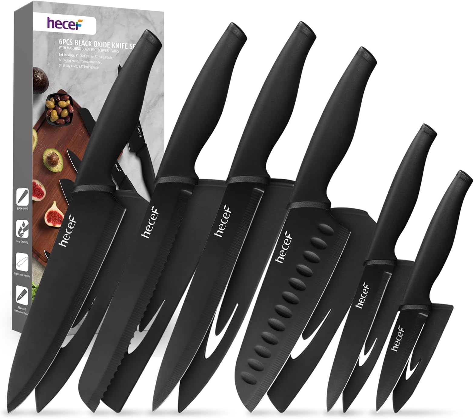 hecef Black Oxide Knife Set of 6 with Matching Protective Sheath, Kitchen Knives Scratch Resistant and Rust Proof, Hard Stainless Steel, Non Stick Black Color Coating Blade