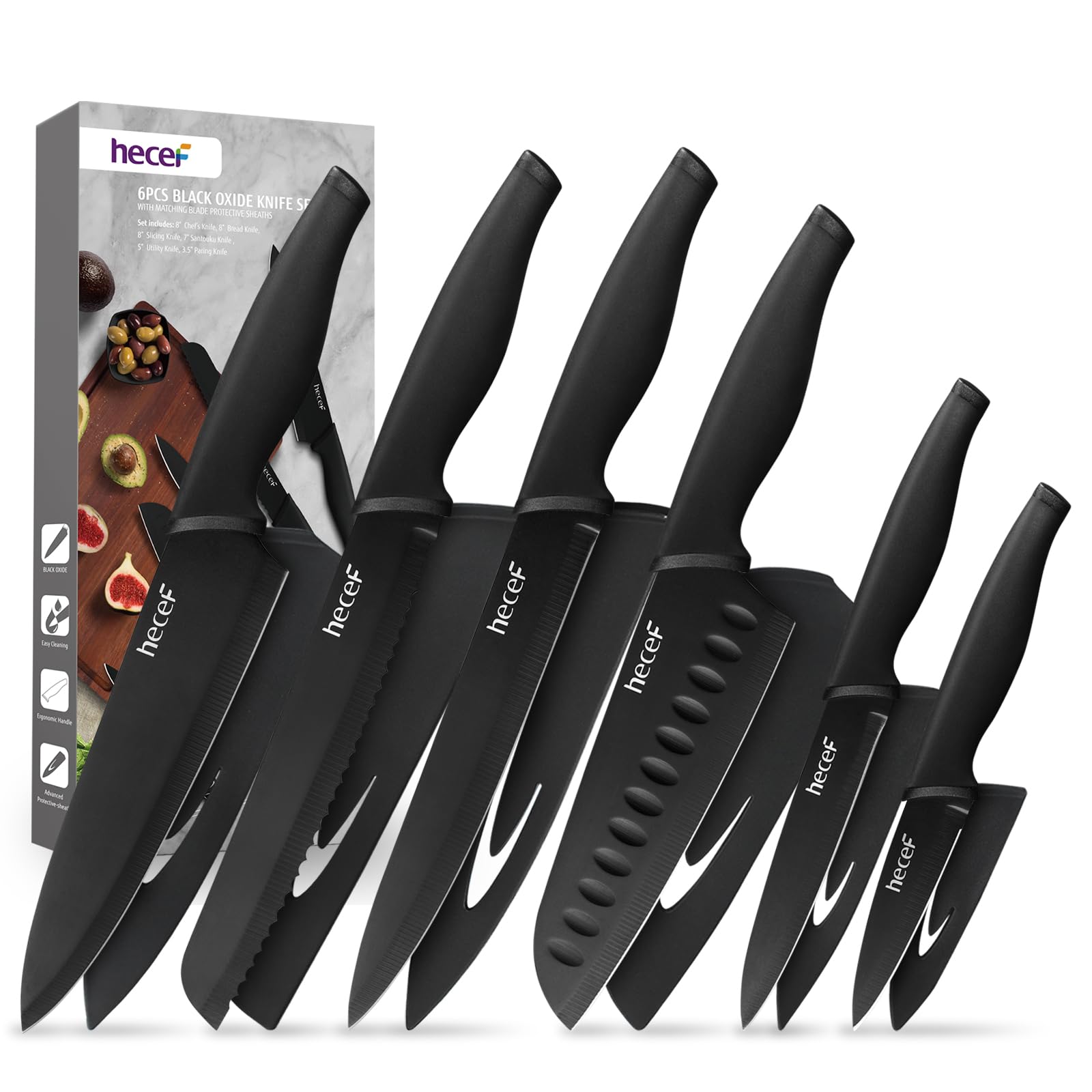 hecef Black Oxide Knife Set of 6 with Matching Protective Sheath, Kitchen Knives Scratch Resistant and Rust Proof, Hard Stainless Steel, Non Stick Black Color Coating Blade