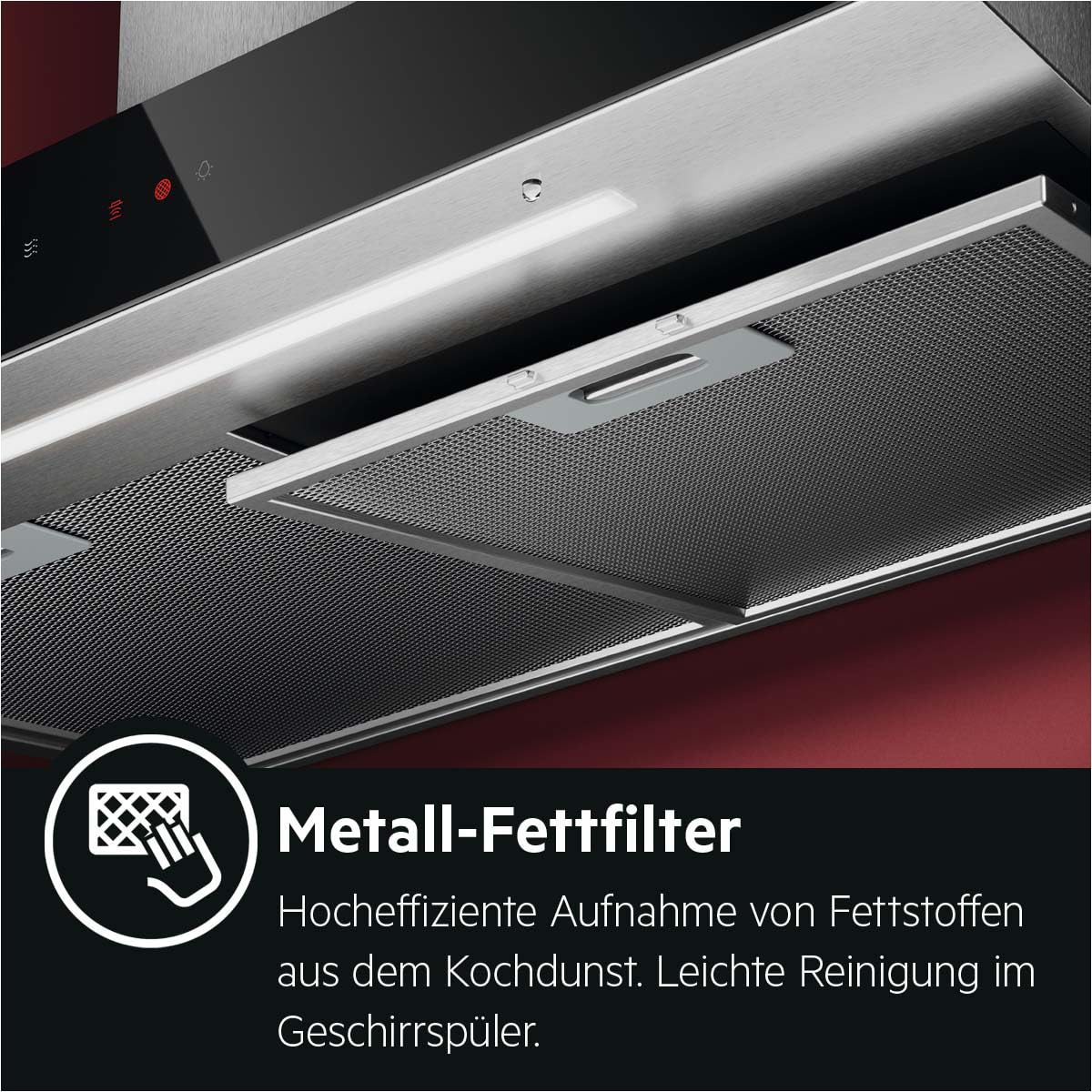 AEG Dunstabzugshaube Serie 6000 mit Lüften-Funktion 60cm – Kaminhaube mit Glas – Ab- und Umluft – max. 730 m³/h im Abluftbetrieb mit max. 74 dB(A) – Touch-Bedienung – Edelstahl – GB67D61HL