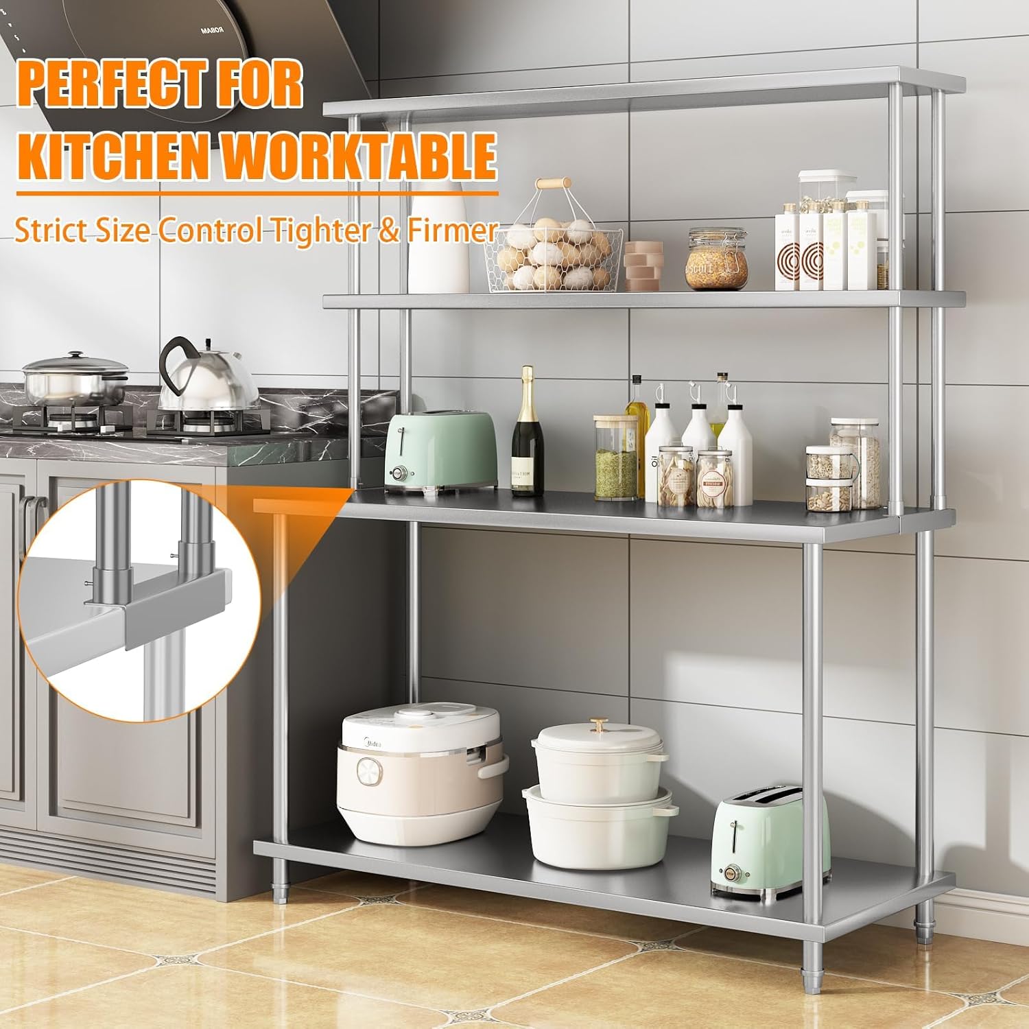 2-Tier Stainless Steel Overshelf for Work & Prep Table, 12x60 inch Commercial Adjustable Double Shelf, Heavy Duty Storage Rack for Kitchens, Utility Rooms, Restaurants & Garages