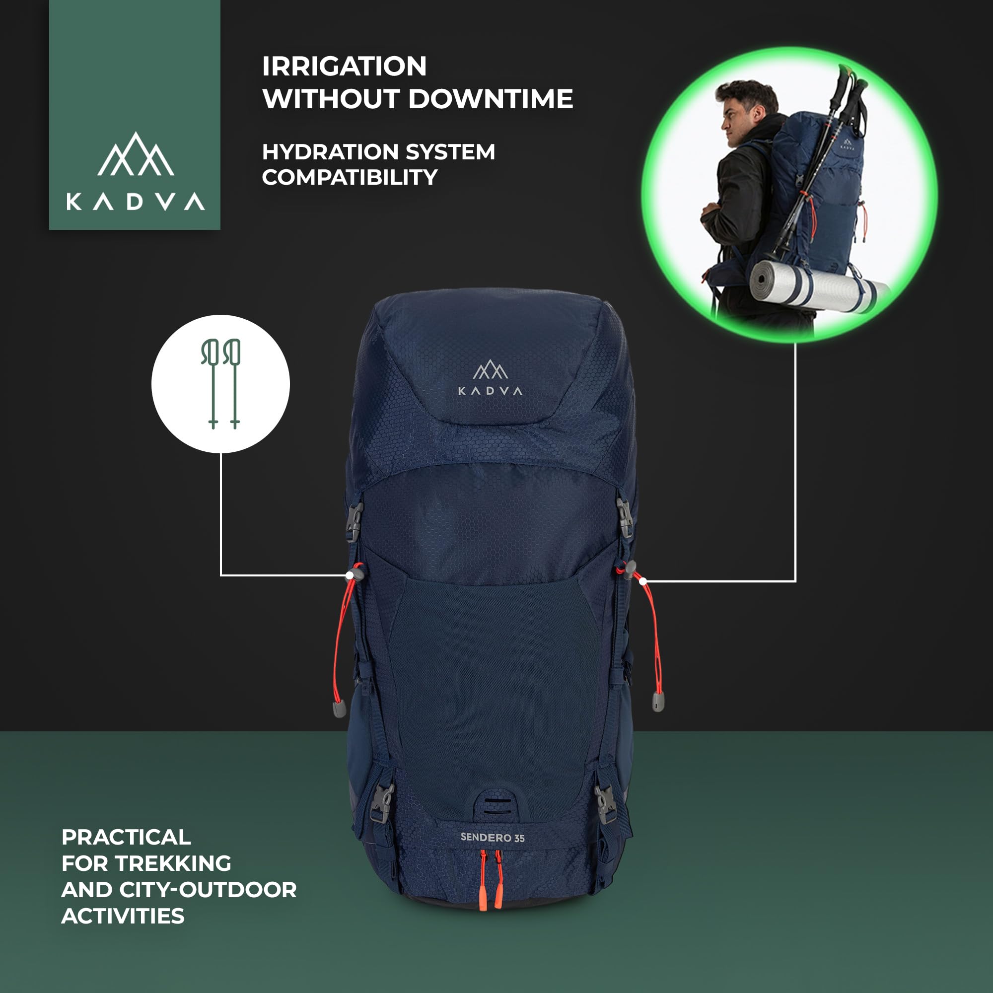 KADVA Plecak trekkingowy Sendero 35 l, system nośny WindspIRE, wentylacja i niewielka waga, hydrofobowy, regulowane pasy biodrowe i piersiowe, odblaskowe detale, dolne paski