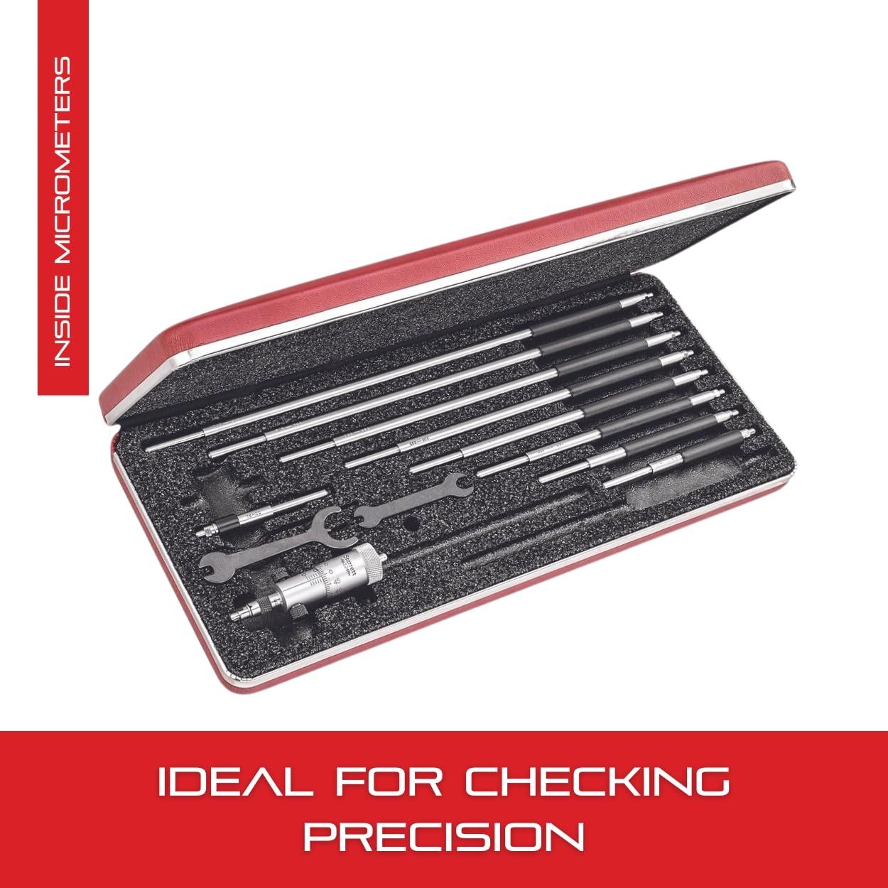 Starrett Solid Rod Inside Micrometer Set with Quick-Reading Figures, Hardened and Ground Anvils - Insulated, Adjustable, 50-300mm Range, .01mm Graduations - 10-Pack - 124MBZ