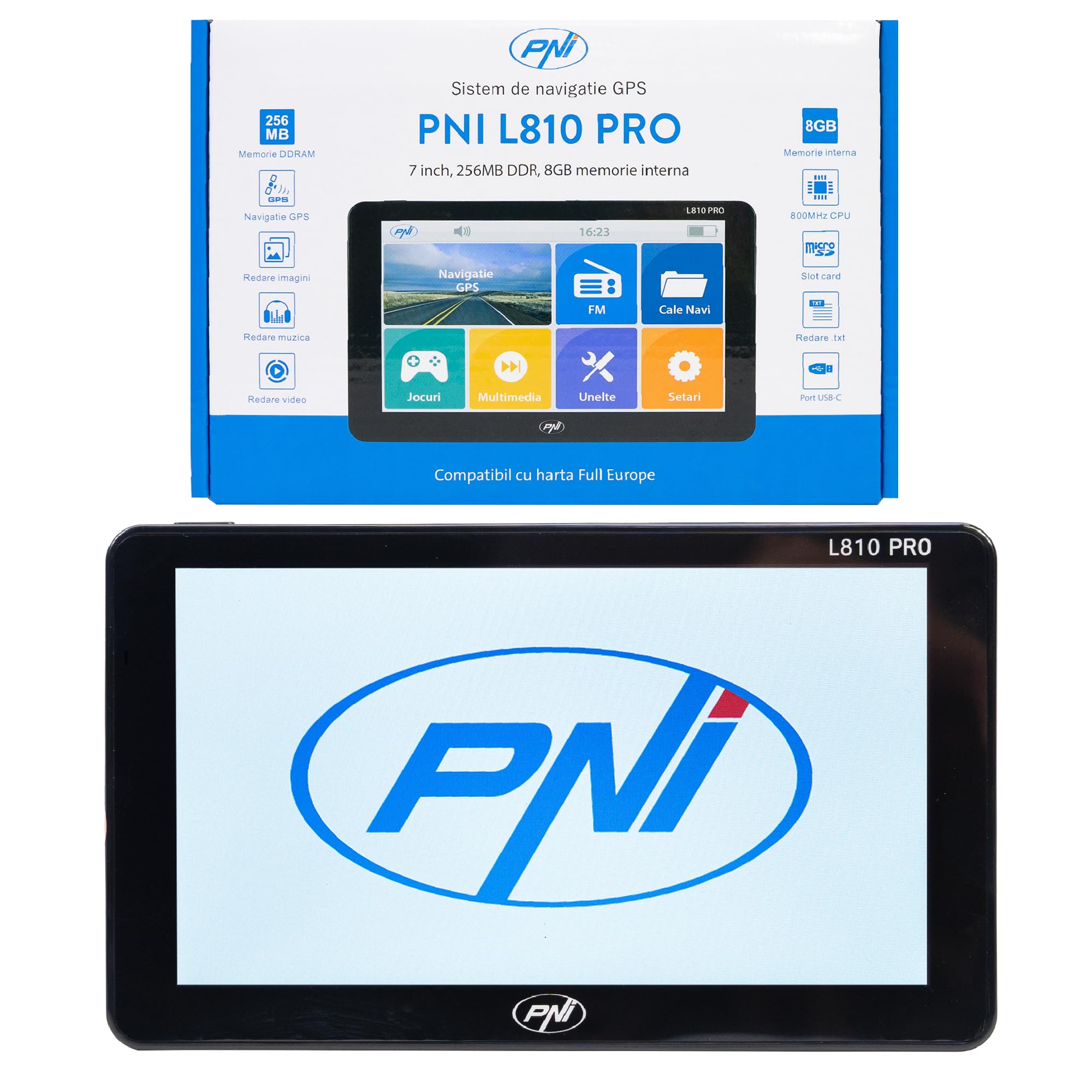 Sistema di navigazione GPS PNI L810 7 inch, 800 MHz, 256M DDR, 8GB, compatibile con qualsiasi mappa, nessuna mappa preinstallata