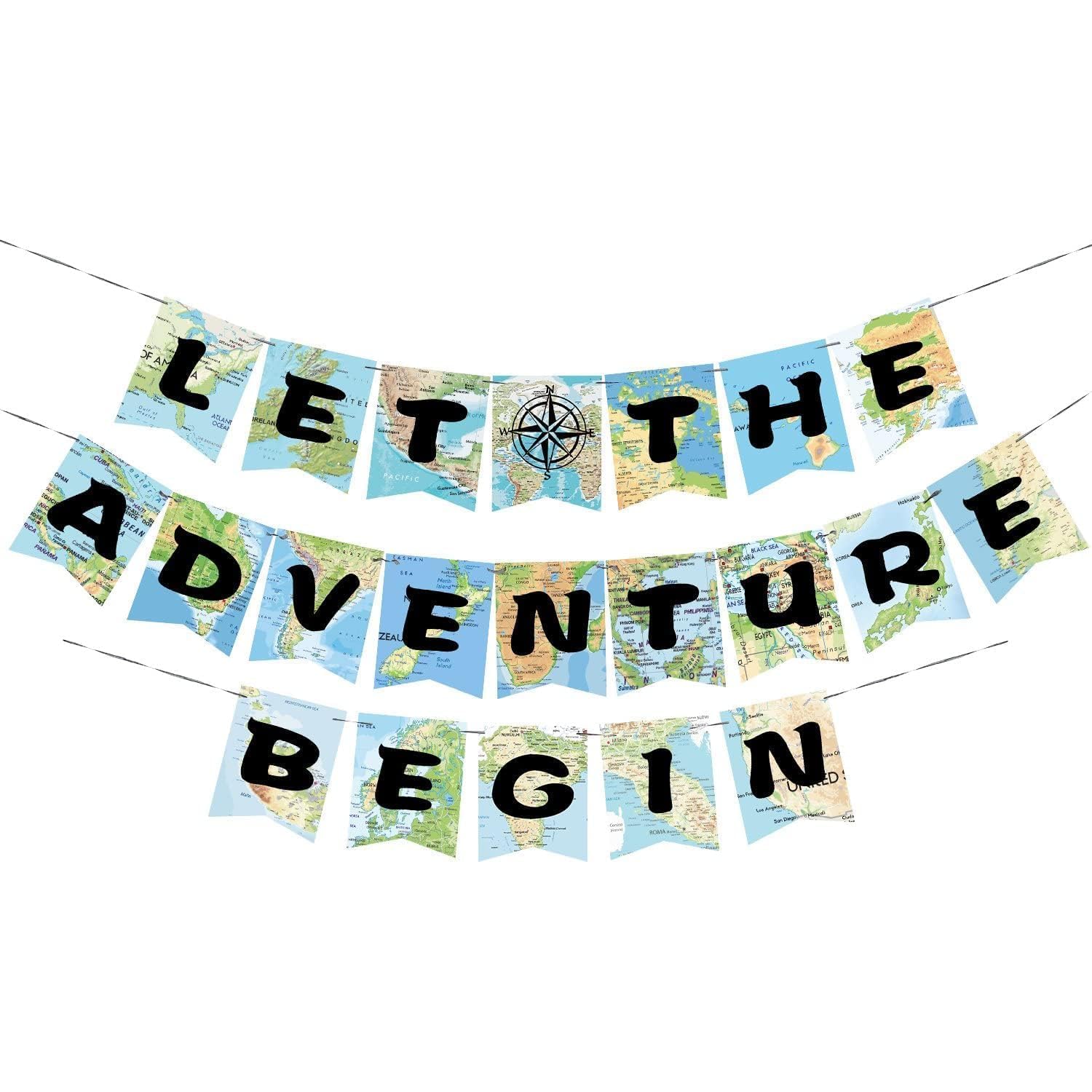 WERNNSAI Bon Voyage Party Decorations - World Map Pennant 'Let The Adventure Begin' Bunting Banner for Retirement, Graduation, Travel Themed Party Supplies