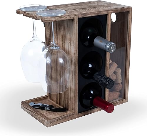 Miniatura 4 de Rustic State Rias Estante de madera para vino de encimera para 3 botellas y 2 vasos para vidrio, bandeja de almacenamiento de corcho, organizador