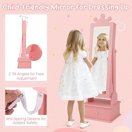 Vista 4 de Costzon Armario de joyería para niños, organizador de joyas de pie de 45 pulgadas con espejo de longitud completa, 3 cajones de almacenamiento