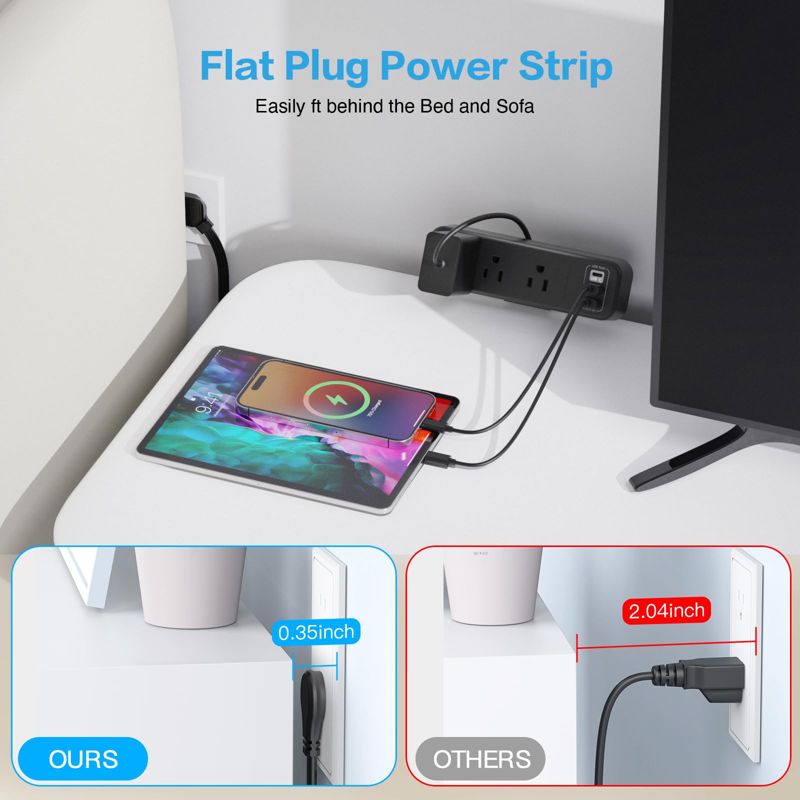 3 fach computerklemme mit usb c flachstecker schwarz computer kantenklemme netzstecker stecker verlängerungskabel dünn 6,5 fuß für 1,6 tische