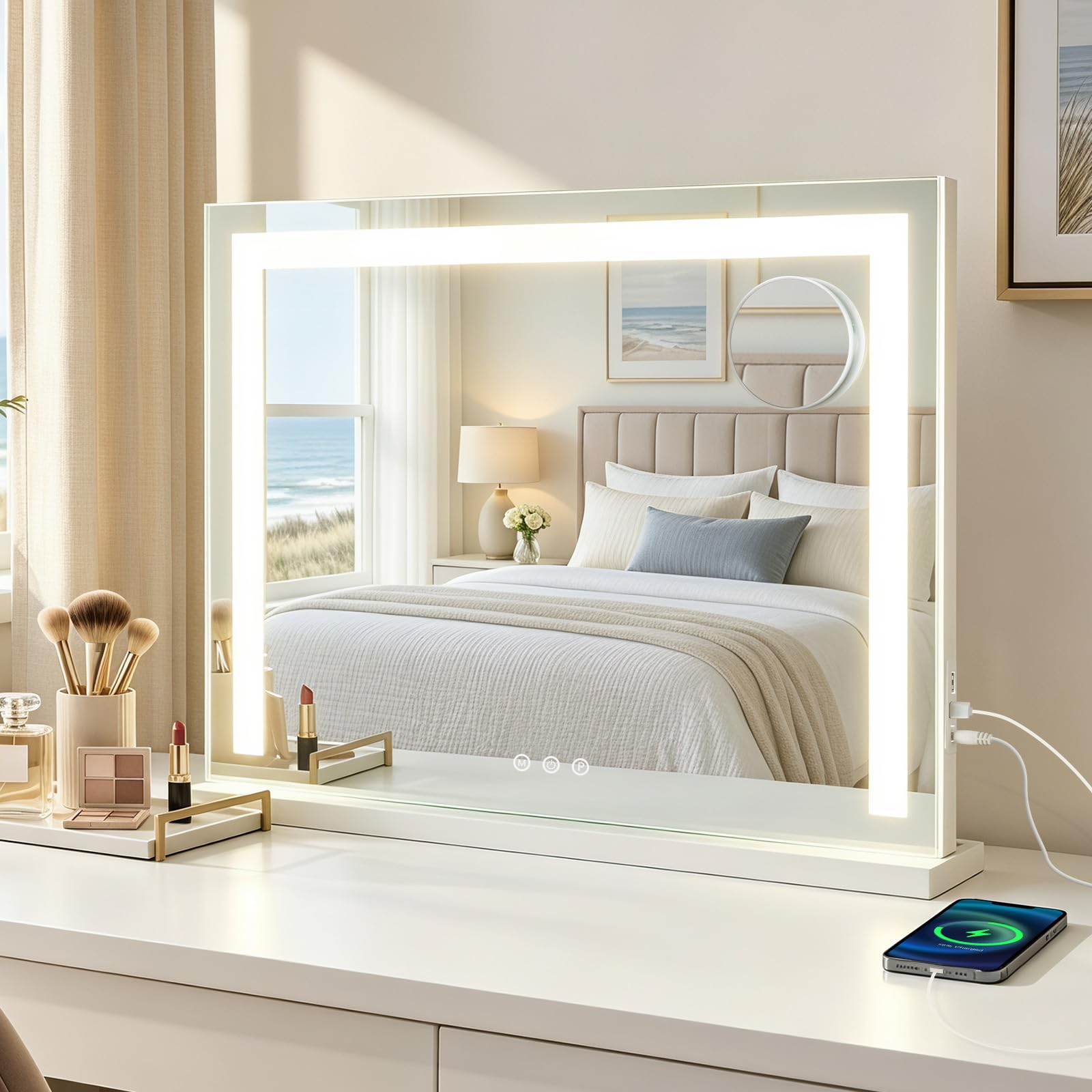 HOMASIS Specchio da Bagno con Luci e Ingrandimento 10x, 58 x 10 x 43 cm