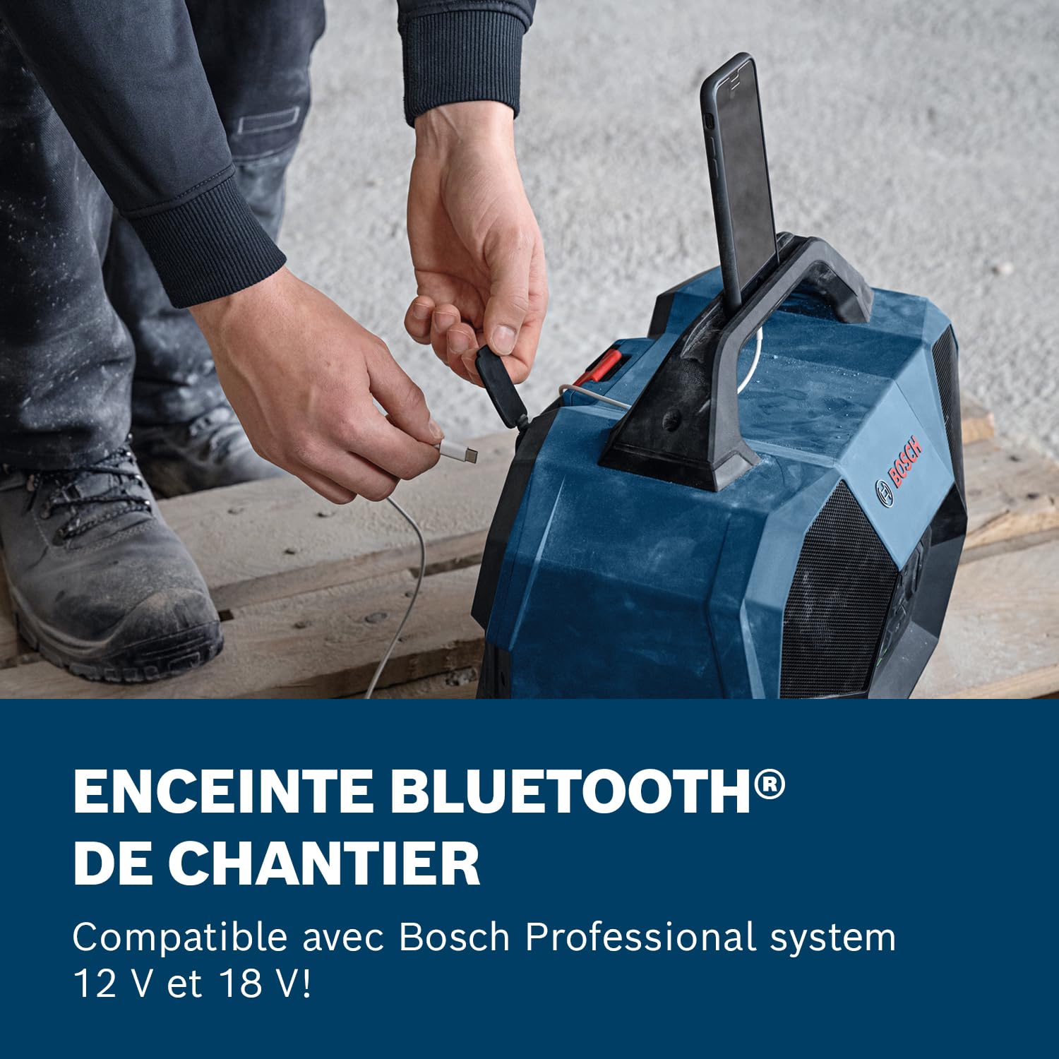 Bosch Professional 18V/ 12V System Enceinte Bluetooth Sans-Fil GPB 18V-6 C (Bluetooth, USB, Multi-Speaker Sound, sans batterie/chargeur)
