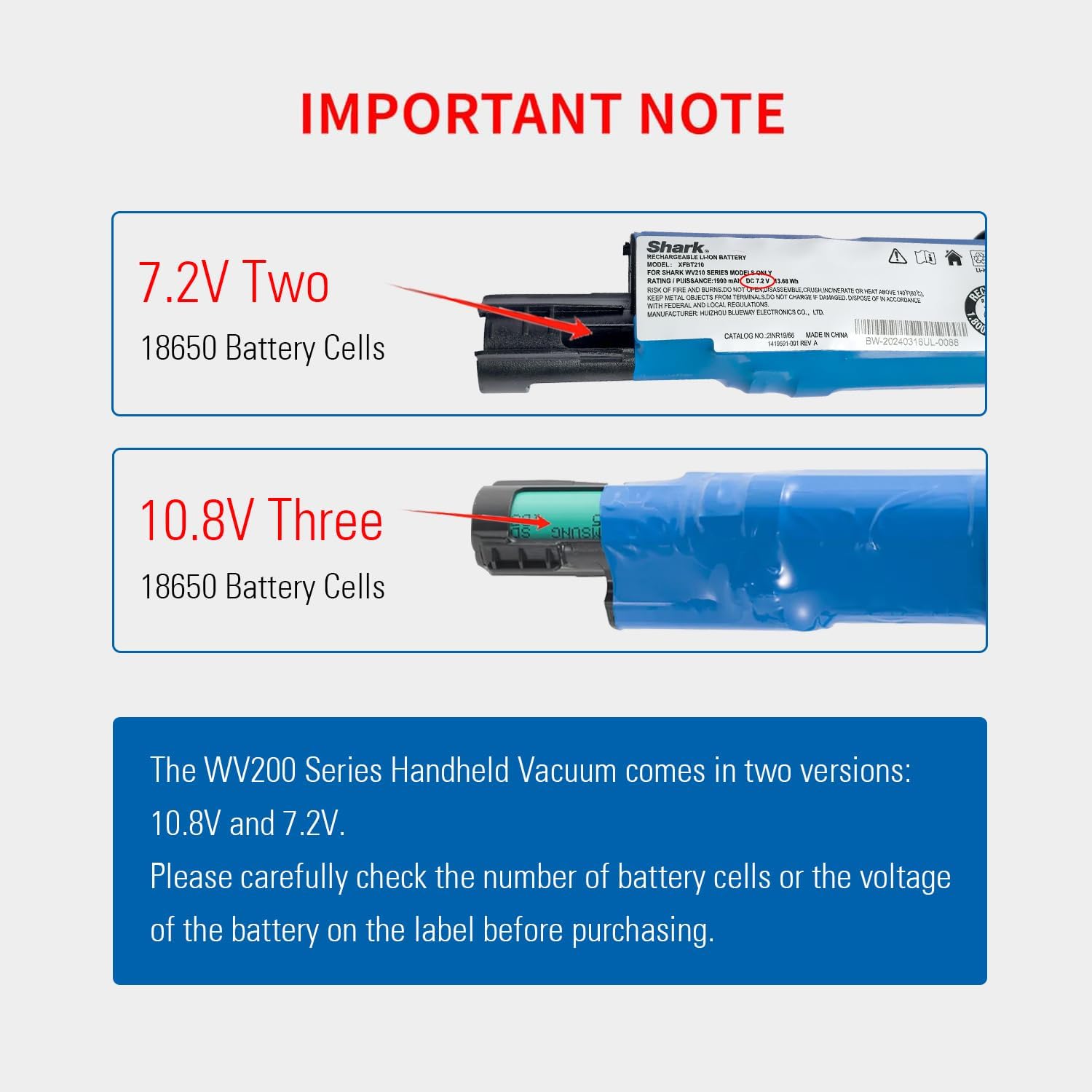 10.8V Shark XFBT200 XFBT200EU XFBT200J Battery Replacement for Shark WV200 WV205 WV220 WV200UK UV200CCO, Ion W1 Cord (ONLY Fit for 10.8V, NOT Fit for 7.2V)