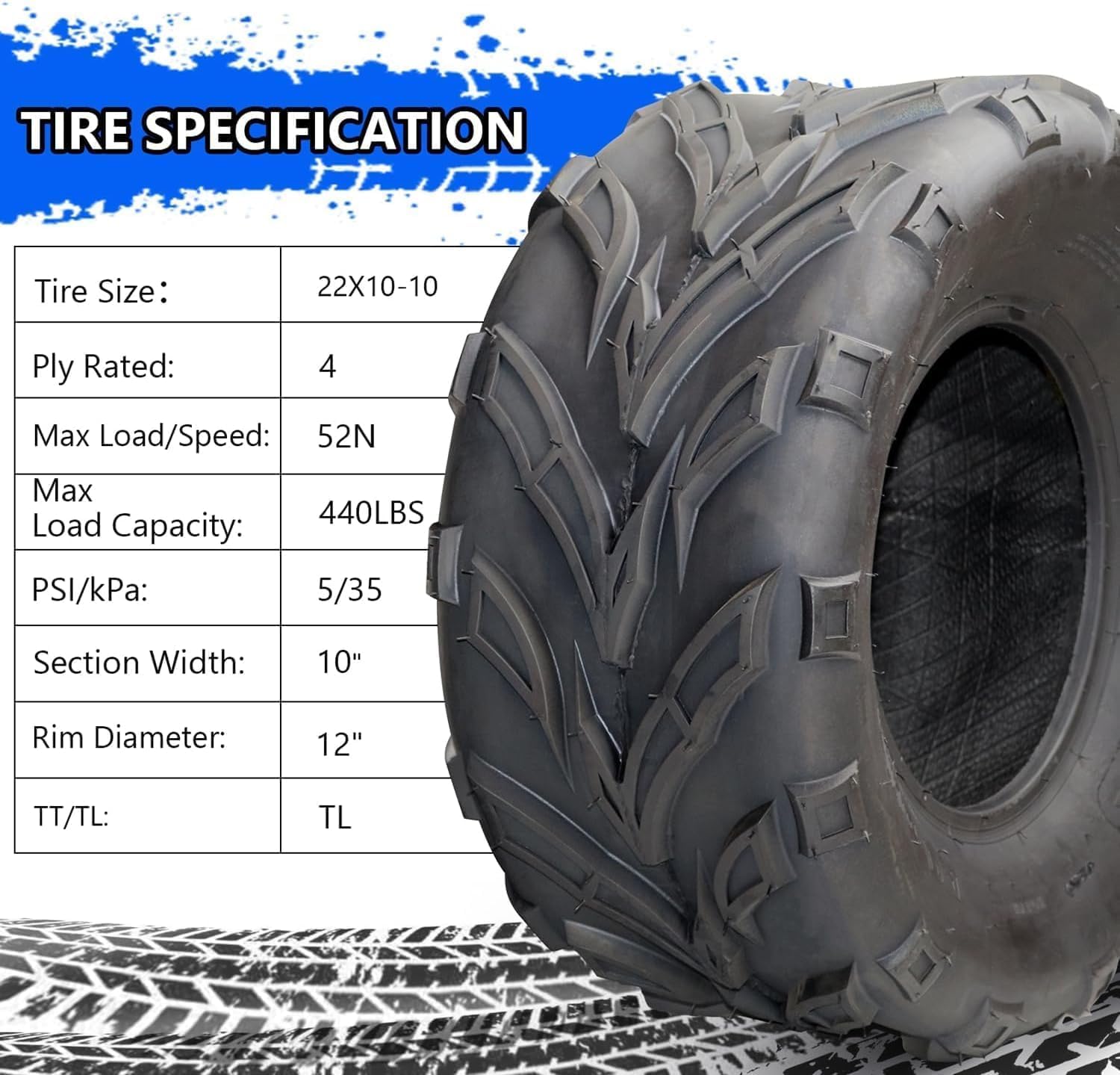 (2-Pack) 22x10-10 ATV UTV Tires, 4PR Durable Tubeless, Four-Ply Rated, 22x10x10 Lawn Mower Tires for Tractor Garden Riding Mower