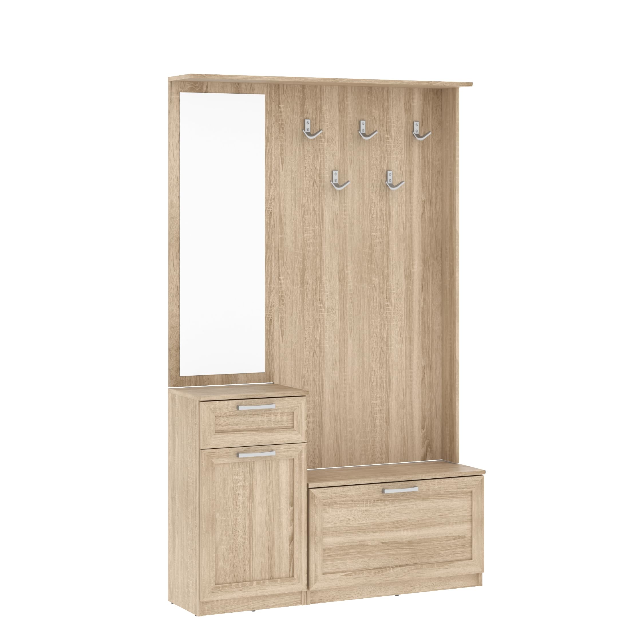 Forte NIKO Garderobe 110, Skandi-Garderobenpaneel, 1-türig, 2 Schubladen, Spiegel, Haken, Flur, Sonoma Eiche Holzdekor, 110,9 cm breit x 181,5 cm hoch x 29,6 cm tief