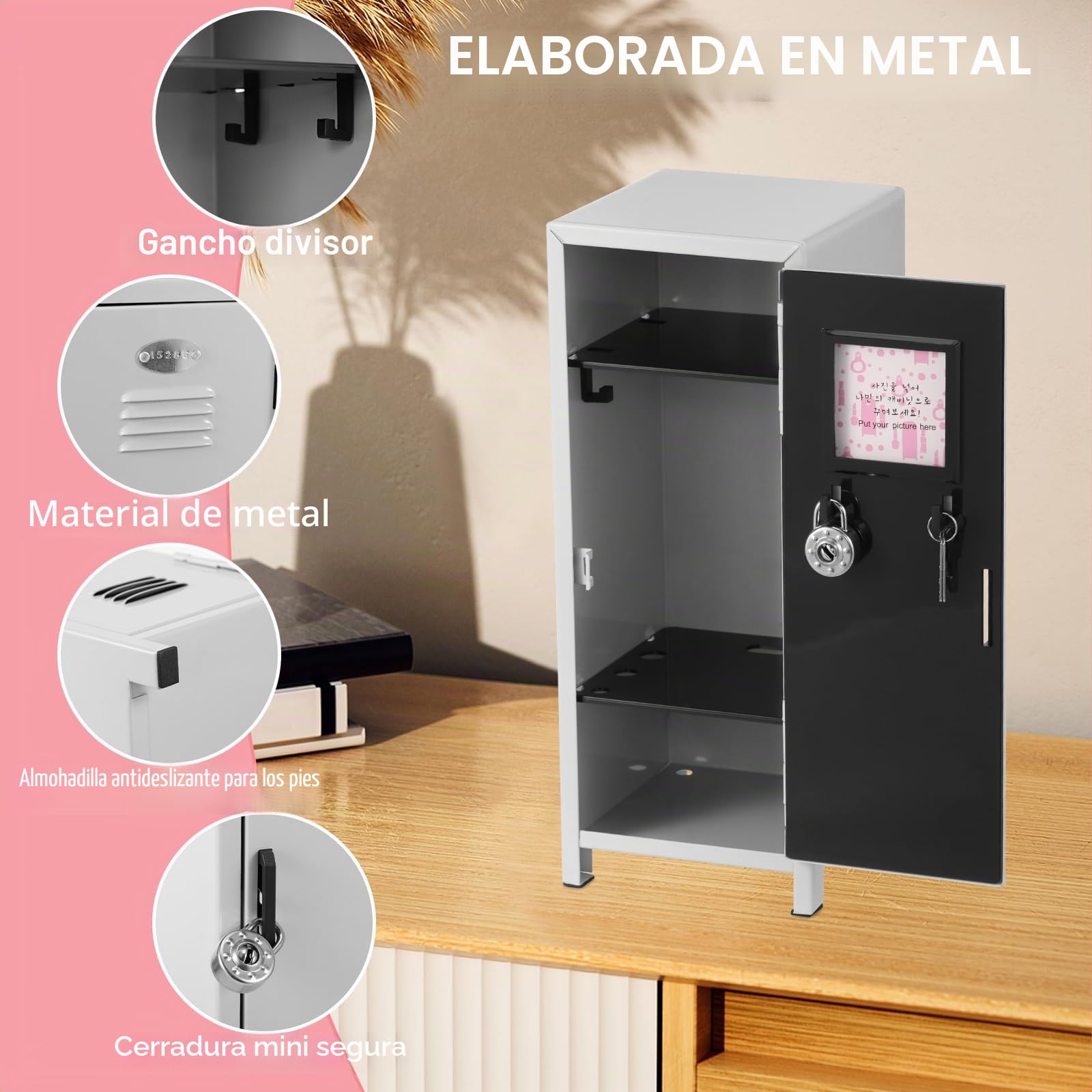 Mini taquilla con cerradura y llave, 27,5 x 10,5 x 10,5 cm, metal roto, pequeño almacenamiento de escritorio, portátil, con compartimentos, para niñas y niños