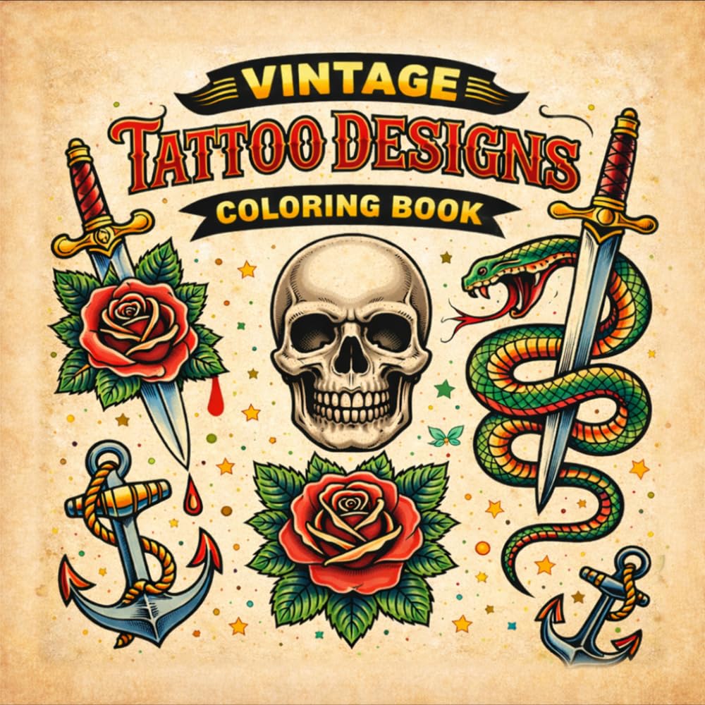 Vintage Tattoo Designs Coloring Book: Classic Vintage Tattoo Designs with Skulls, Roses, Daggers and More - Single-Sided Black Pages to Prevent Bleed-Through