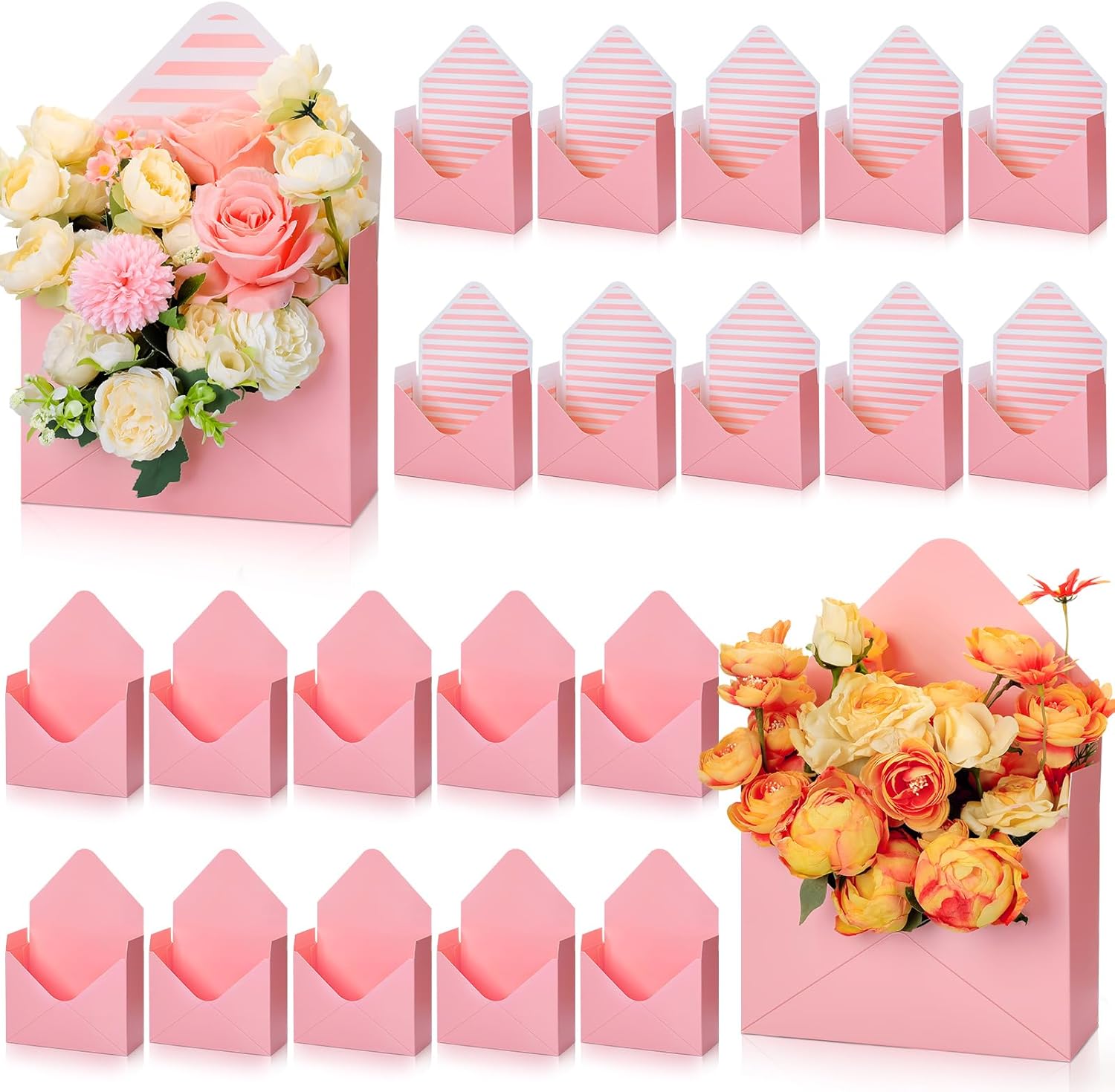 Outus 20 Pcs Mother's Day Floral Envelope Boxes Empty Paper Flower Bouquet Envelop Paper Boxes Pink Stripe Florist Flower Bags for Arrangements Gift Packaging Birthday Wedding Party