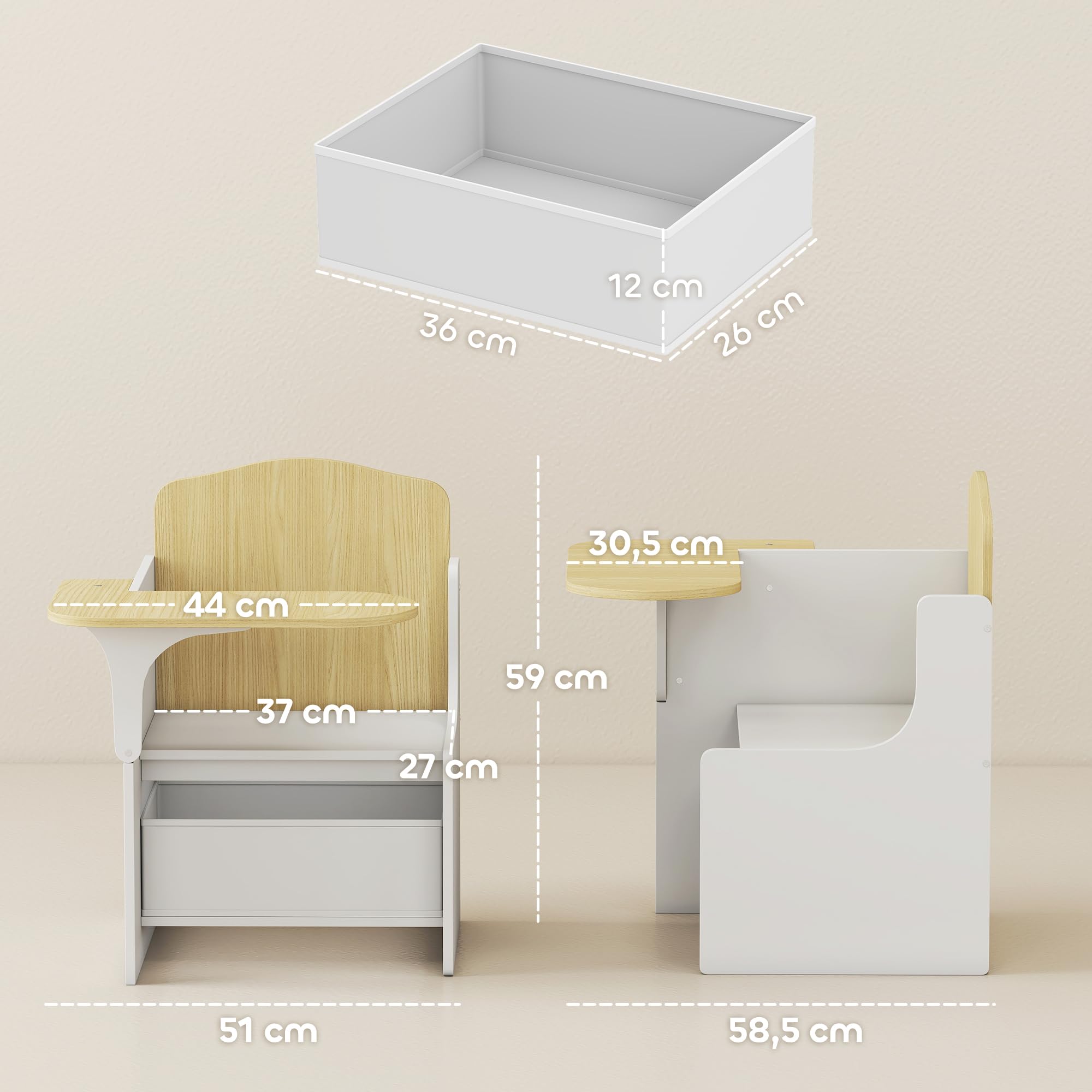 AIYAPLAY Escritorio y Silla para Niños con Bandeja de Almacenamiento 3-5 Años Blanco | Conjunto Mesa de Actividad 2 en 1, Dibujo, Lectura, Juegos