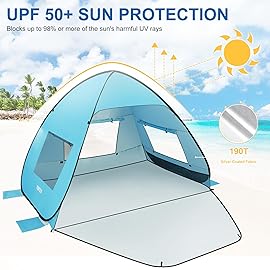 TOBTOS UPF 50+ Easy Pop Up Beach Tent 3-4 Person Sun Shelter Instant Automatic Beach Shade, Portable Sunshade with Extendable Floor (Blue)