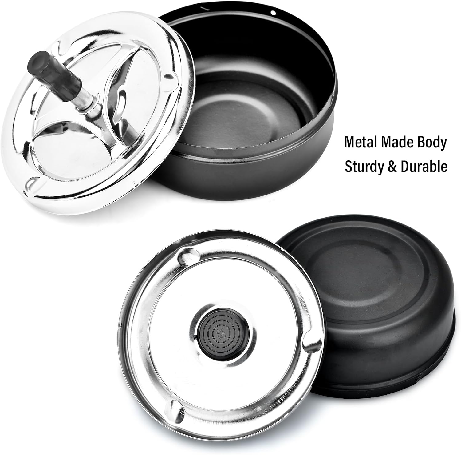 Push Down Ashtray with Spinning Tray Metal Cigarette Ashtray Modern Outdoor Ash Tray with Windproof Lid Large 5.2 Inches for Home Office Indoor or Outside Use (Black)
