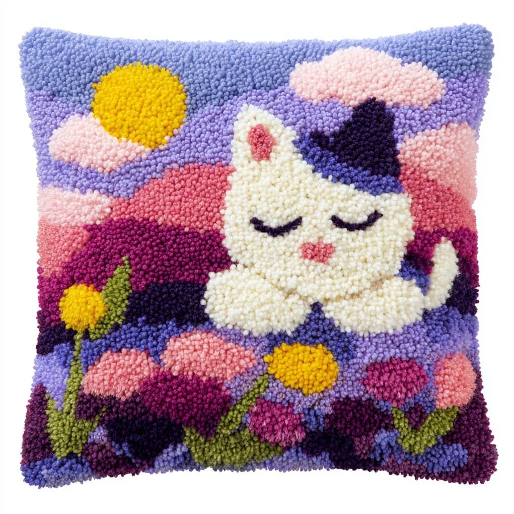 WallustrioaW Latch Hook Cushion kit 43x43cm,Lavender Flowers and Cats