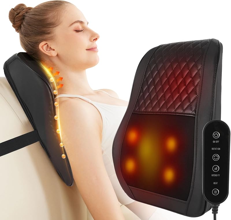 Cordless Neck and Back Massager with Heat, 3D Shiatsu Kneading Pillow, 4 Massage Nodes & Bi-Directional Deep Tissue Massage for Neck/Shoulders/Back, Ideal Gift for Women & Men