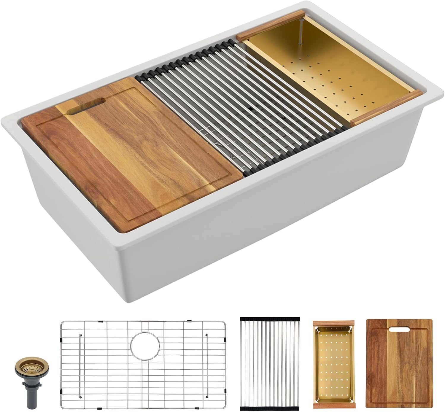 33"x19" Granite Composite Kitchen Sink - White Undermount Ledge Workstation Quartz Classic Luxury Under Counter Single Bowl Sink Basin