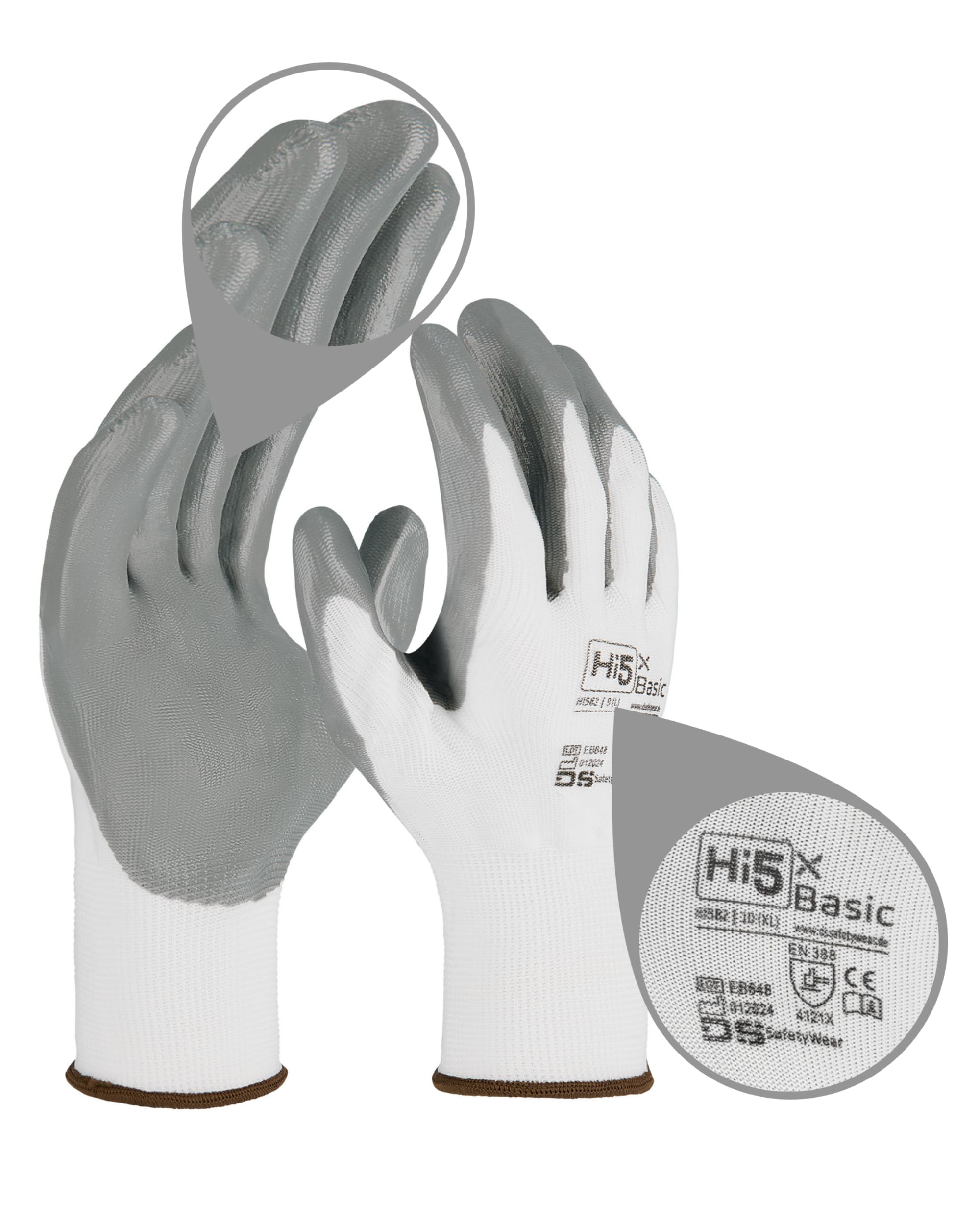 Hi5 X-Basic Arbeitshandschuhe – 13G Polyester – glatte Nitrilhandfläche – EN 388:4121X – atmungsaktiv & griffig – weiß/grau (S, 120, stück)