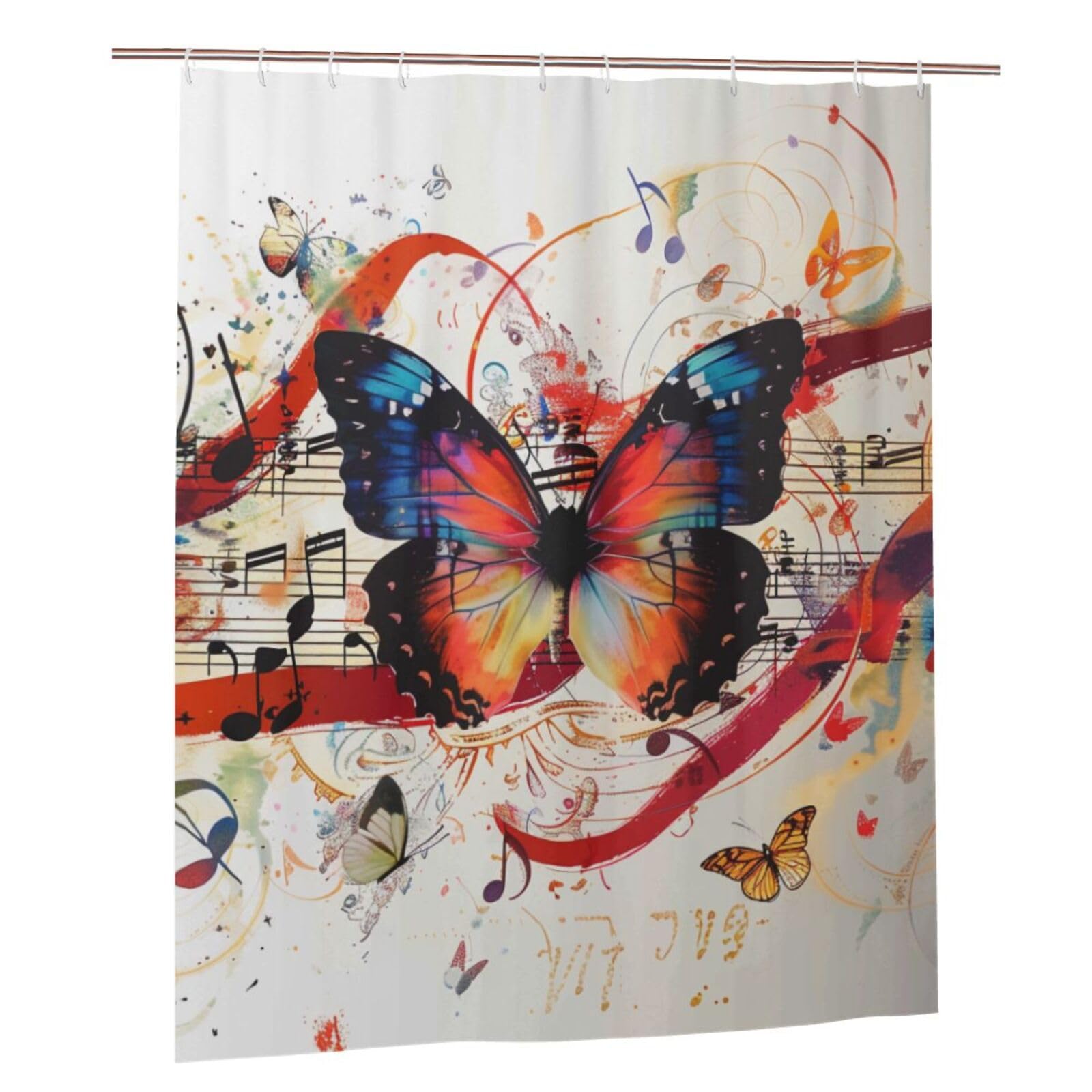 BWWHCCTI Musica Butterfly Printed Shower Curtain With 12 Plastic Hooks Opaque Quick Drying Waterproof Shower Curtains Sets For Bathroom 152x183 Cm
