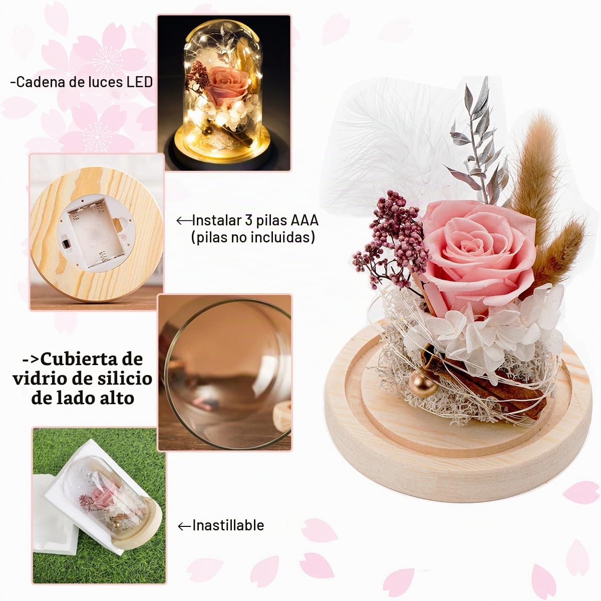 Rosa Eterna Natural Preservada, Flores Eternas con Luz LED, Rosas Preservadas Hecho a Mano, Caja de Regalo, Regalo Romántico para Mujeres y Madres, Aniversarios y Cumpleaños - Pack de 1