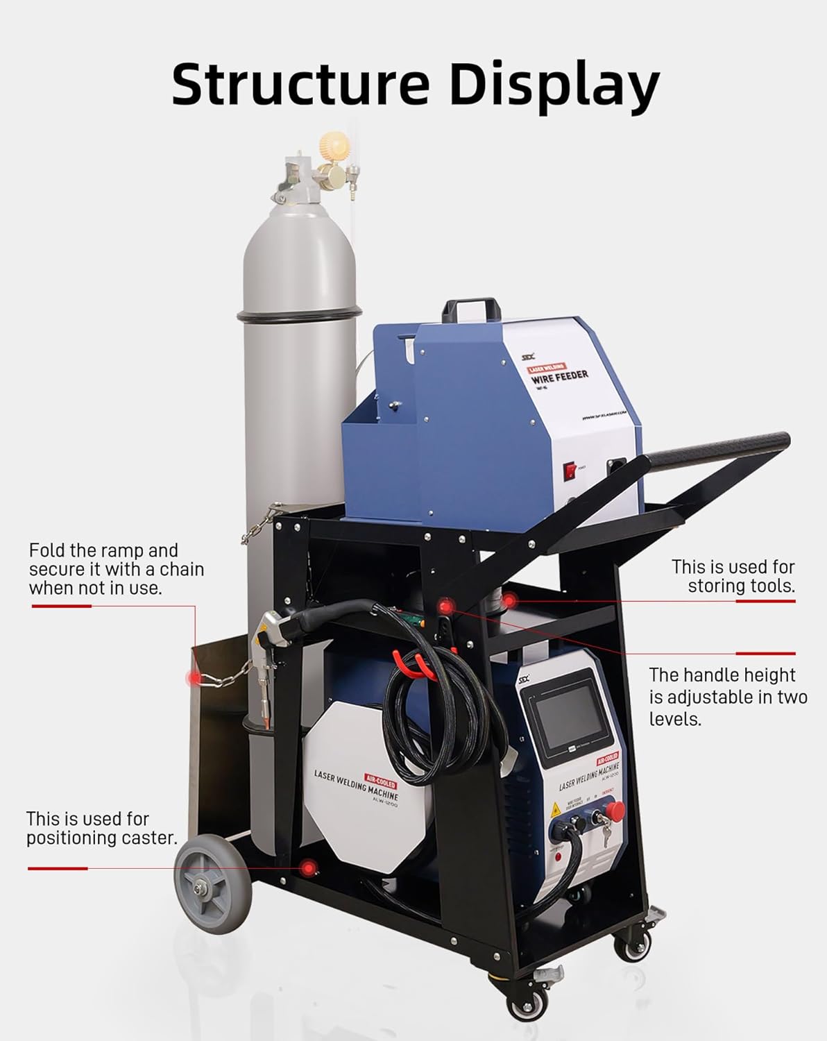 US Stock Laser Welding Machine 1200 W(0.874mW) Air Cooled Laser Welder with Auto Wire Feeder for Metal,Stainless Steel, Aluminum Class 2 Air-Cooled Laser Welding Machine with Portable Welding Cart