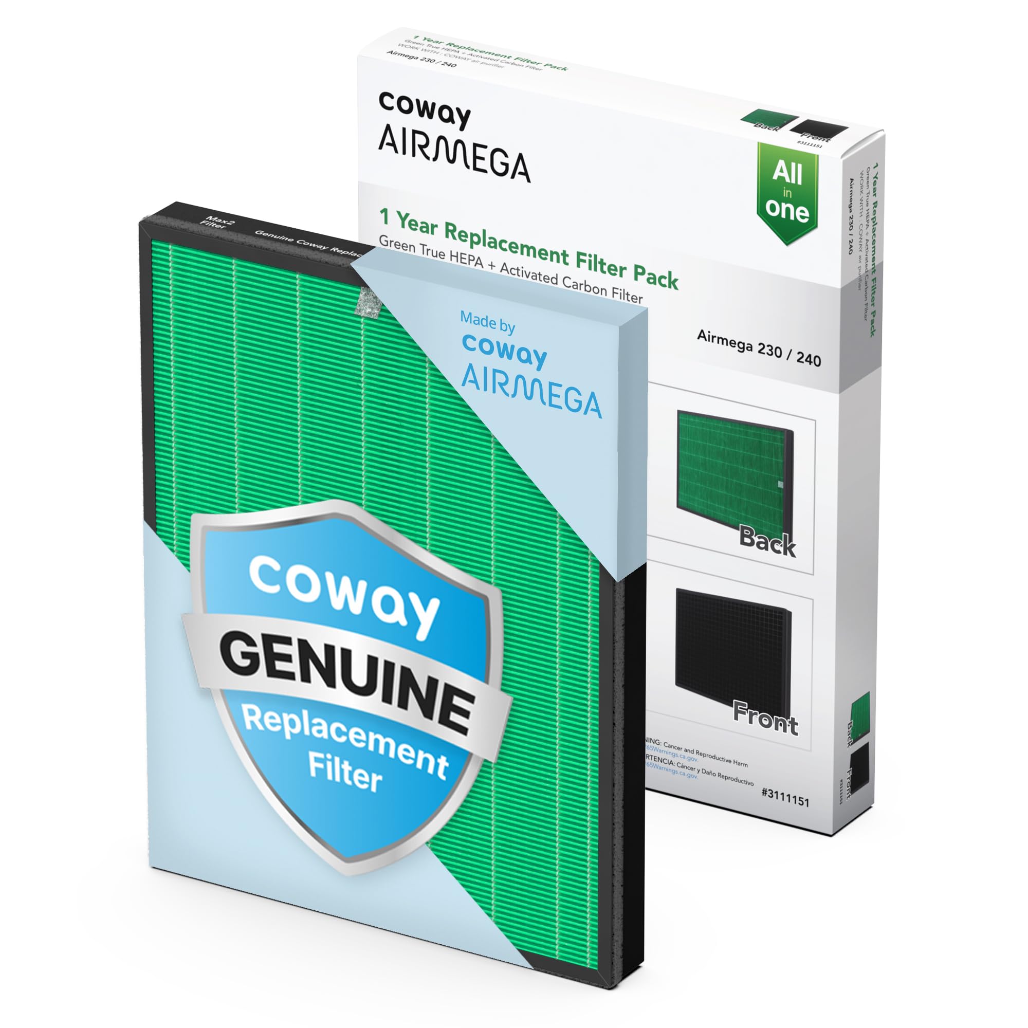 Coway Airmega 230/240 Air Purifier Replacement Filter Set, Max 2 Green True HEPA and Active Carbon Filter