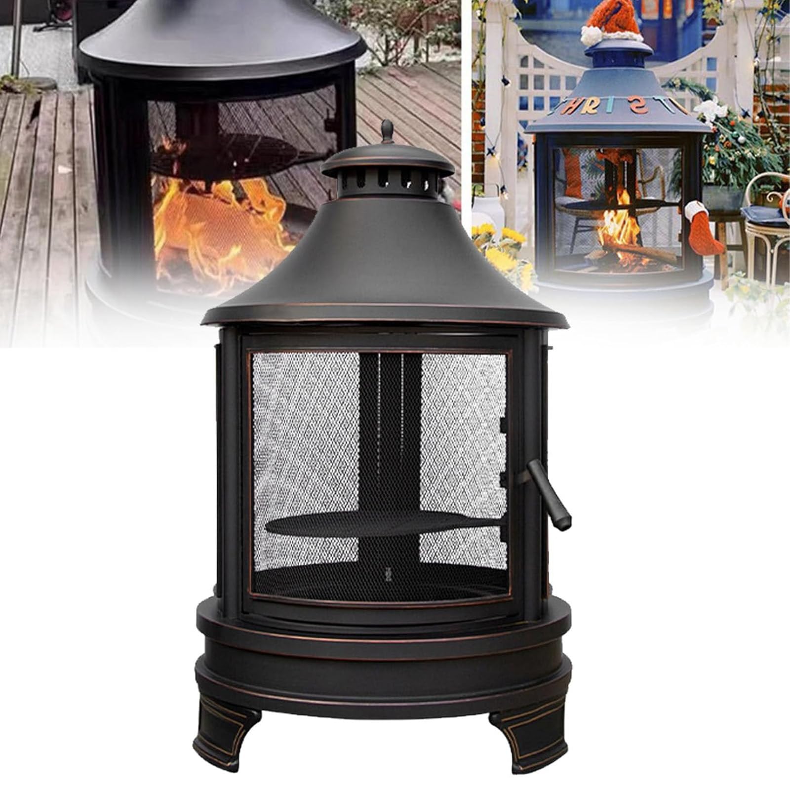 HajMyrdonyx Fire Pit with Grill, 2 in 1 Firepit with Adjustable Grill Tray & Mesh Spark Screen Door, 3-Door Multi-Access Fireplace for Garden Backyard Courtyard BBQ