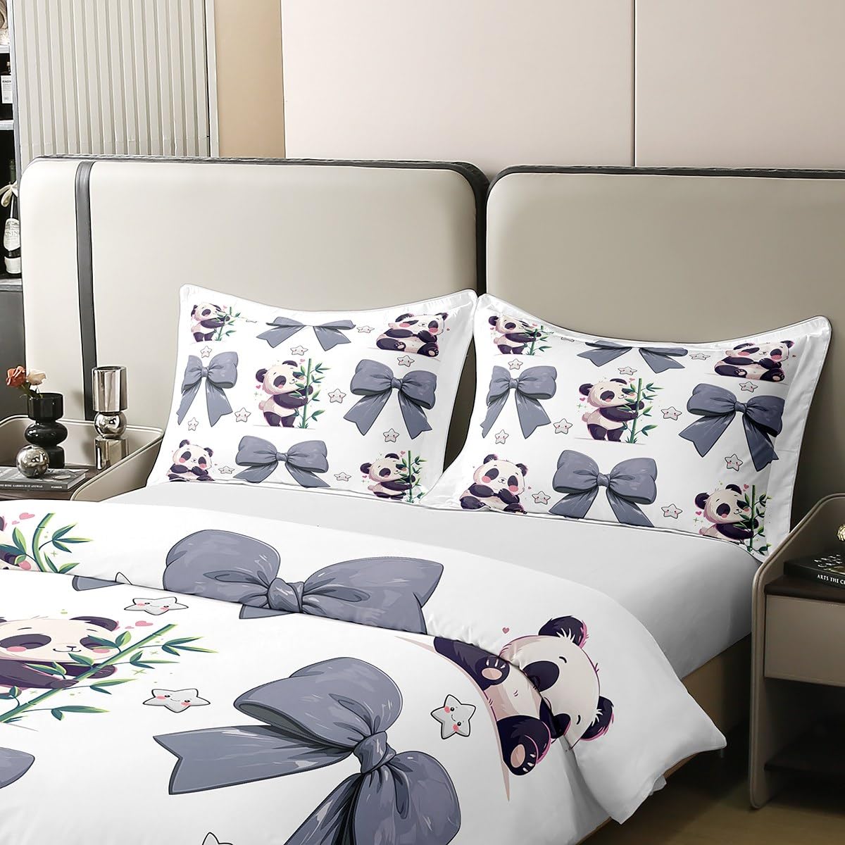 Homewish 100% bawełna urocza panda poszewka na kołdrę pojedyncza, szara kokardka poszewka na kołdrę dla dzieci chłopców dziewcząt, kawaii zwierzę kokarda zestaw pościeli, kreskówka akwarela kokardki
