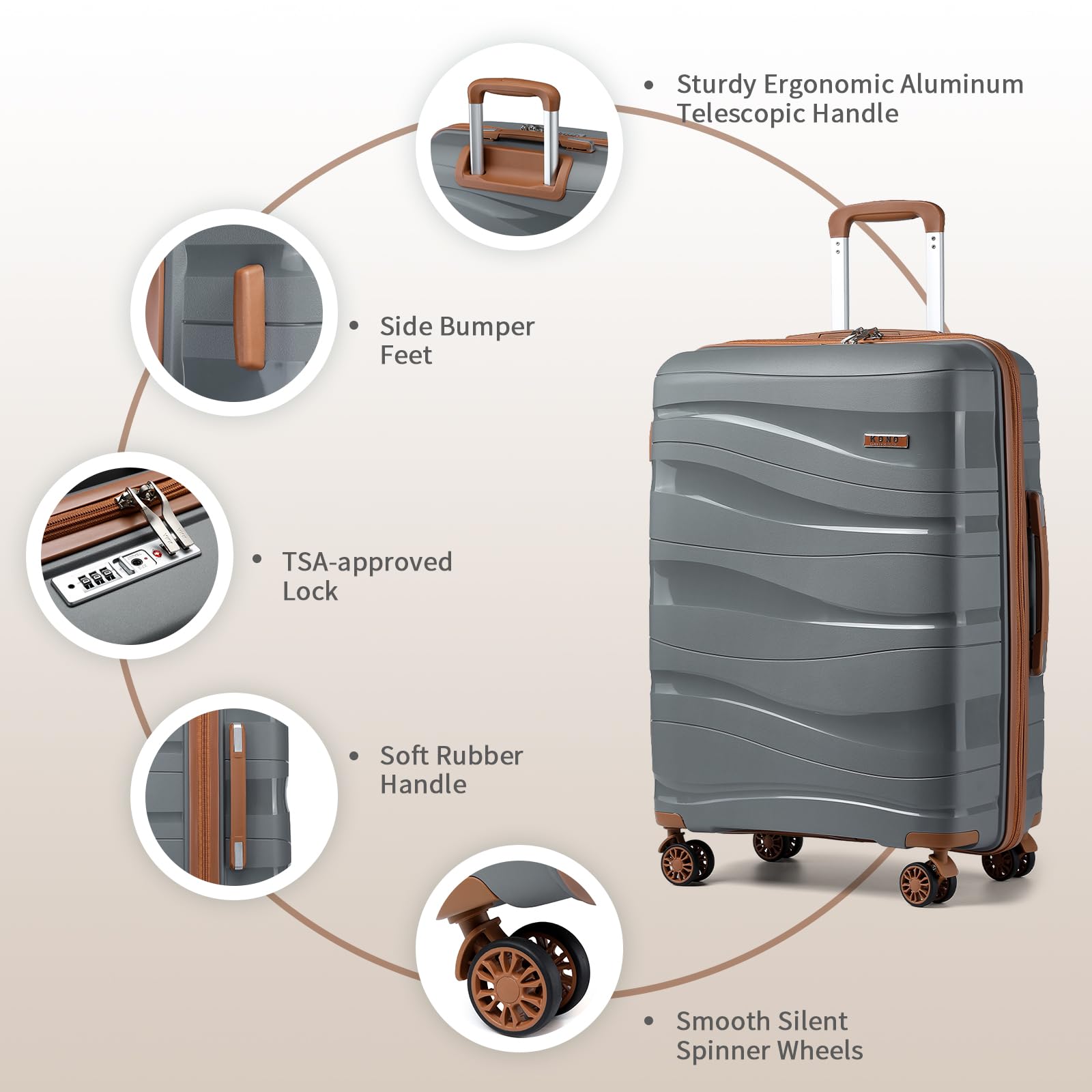 Kono Maleta de Cabina, Maleta de Viaje Mediana Ligera Portátil con Cerradura TSA, Resistente 65x46x26,5cm,70L(Gris)