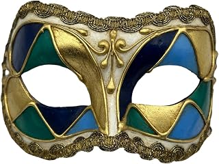 Máscara veneciana en hermosos colores con adornos dorados. Máscara de arlequín de papel maché en oro, azul y verde. Máscara de mascarada para hombres, sino también máscara de mascarada para mujer