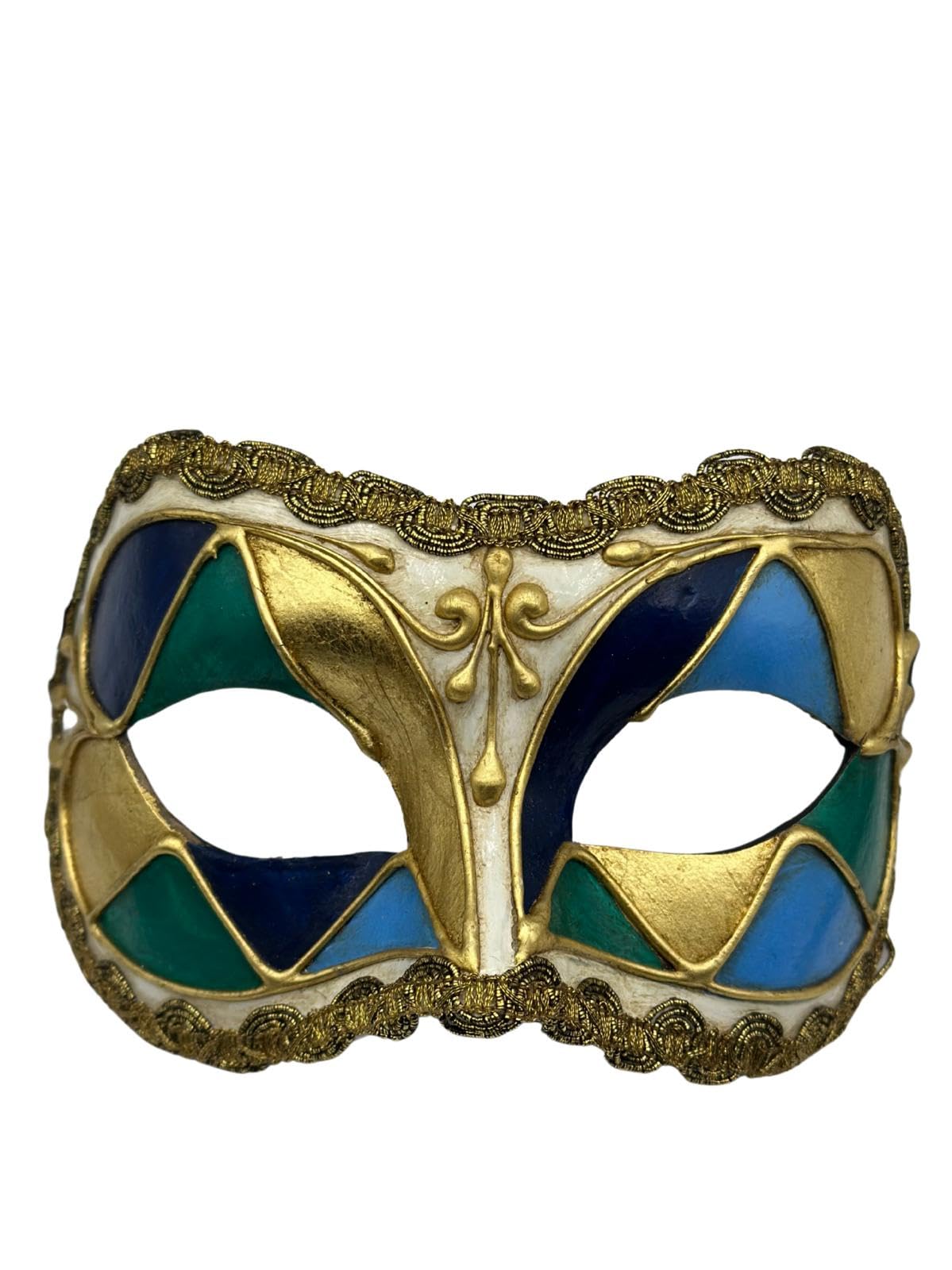 Generisch Venezianische Maske in schönen Farben mit goldener Verzierung. Harlekin-Maske aus Pappmaché in Gold, Blau und Grün. Maskerade Maske für Männer, sondern auch Maskerade Maske für Frau