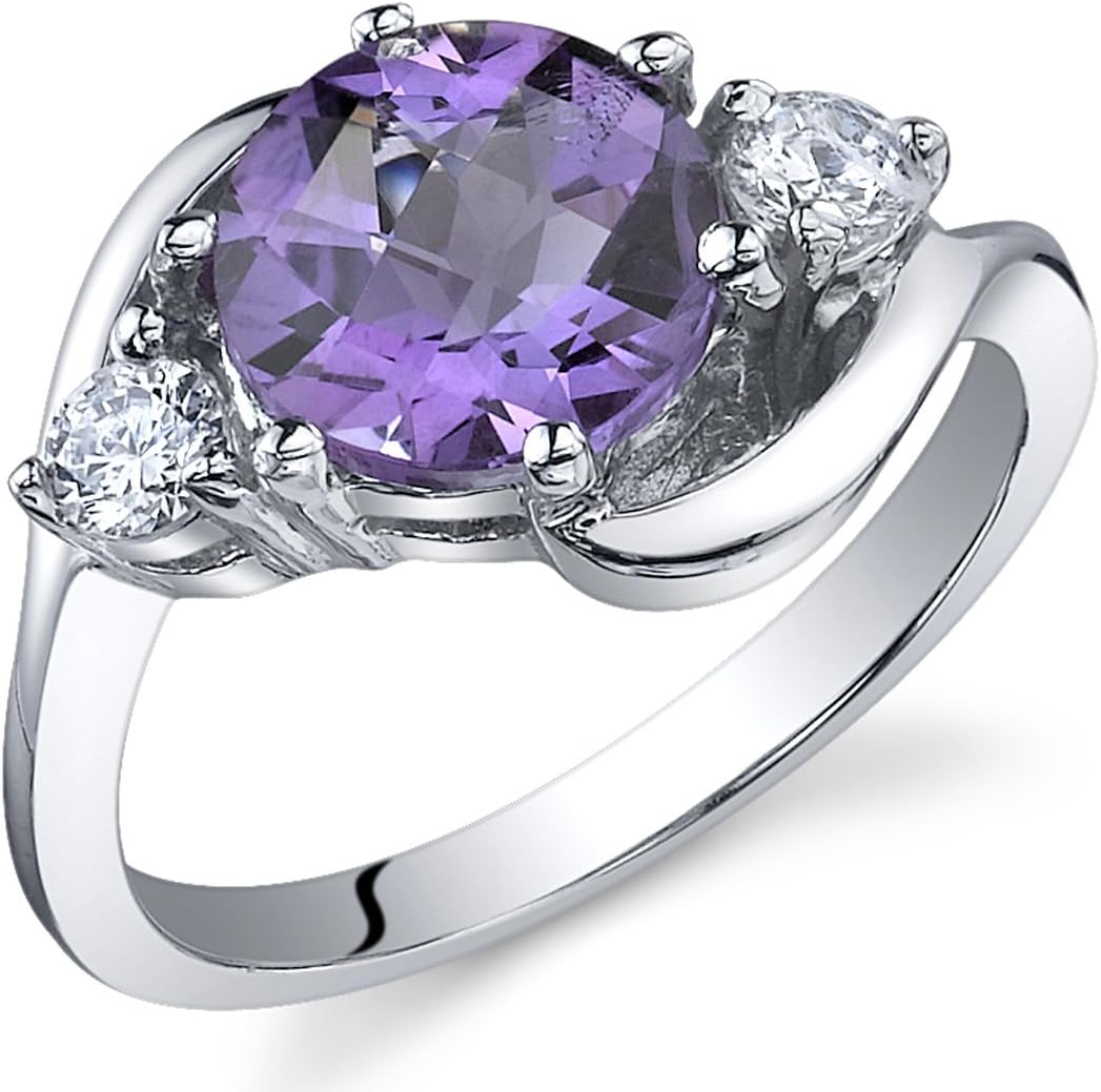 PEORA Amethyst 3-Stone Ring for Women 925 Sterling Silver, Natural Gemstone, 1.75 Carats Round Shape 8mm, Sizes 5 to 9