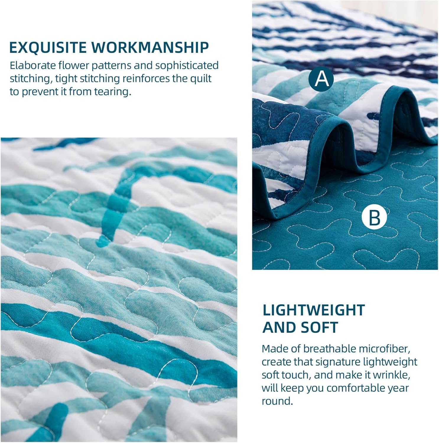 Goodidea Botanical Quilt Set King,3 Pieces Teal Blue Palms Tree Bedspread Reversible Lightweight Soft Microfiber Navy Bedding Set with 2 Pillowcases for All Season(King,104"x90") - Image 6