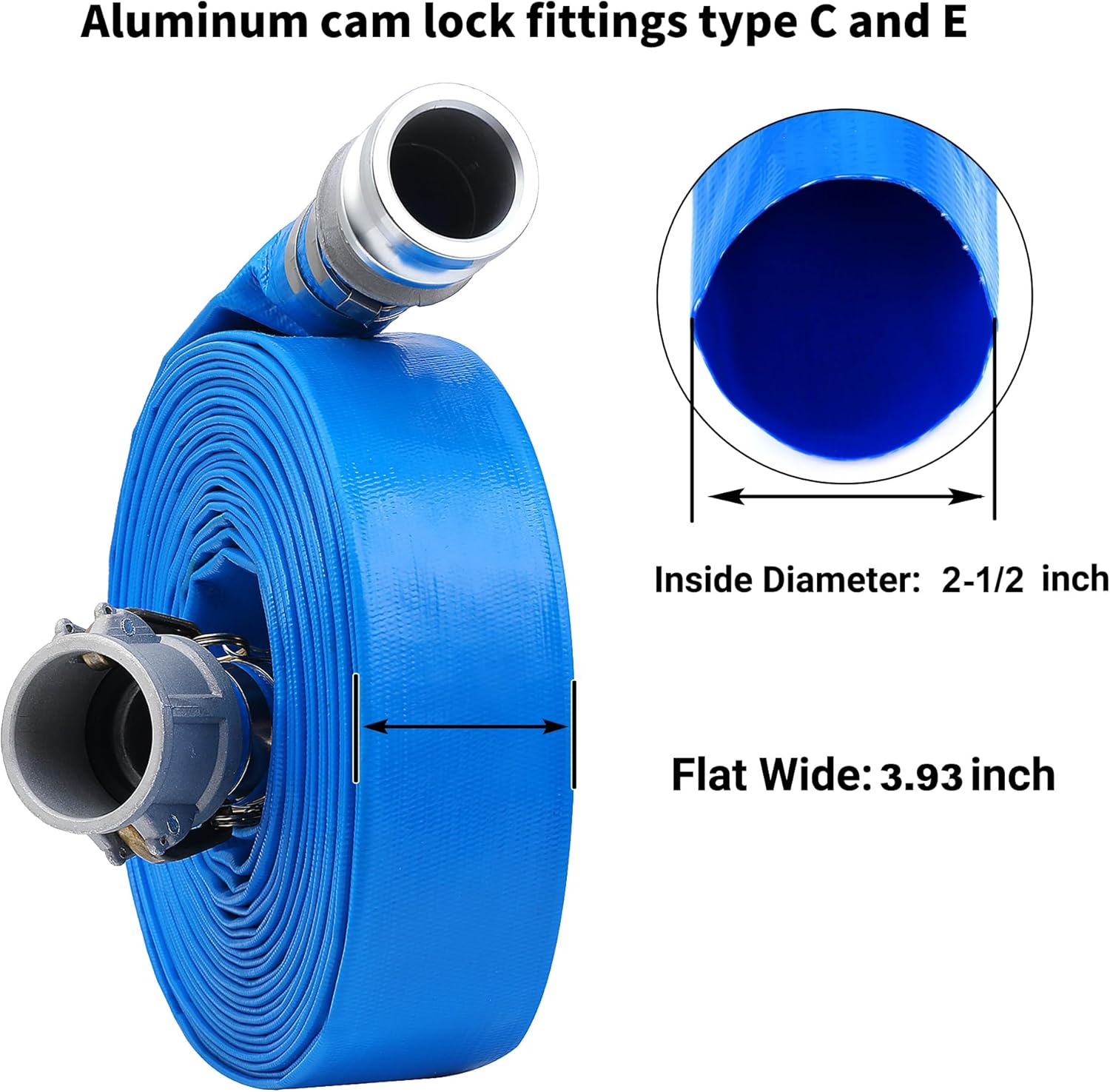 2-1/2" x 100ft PVC Lay Flat Discharge Hose With Aluminum Camlock C & E Fittings, Cam Lock Fitting Type F included, Heavy Duty Reinforced Pump Backwash Hose Assembly