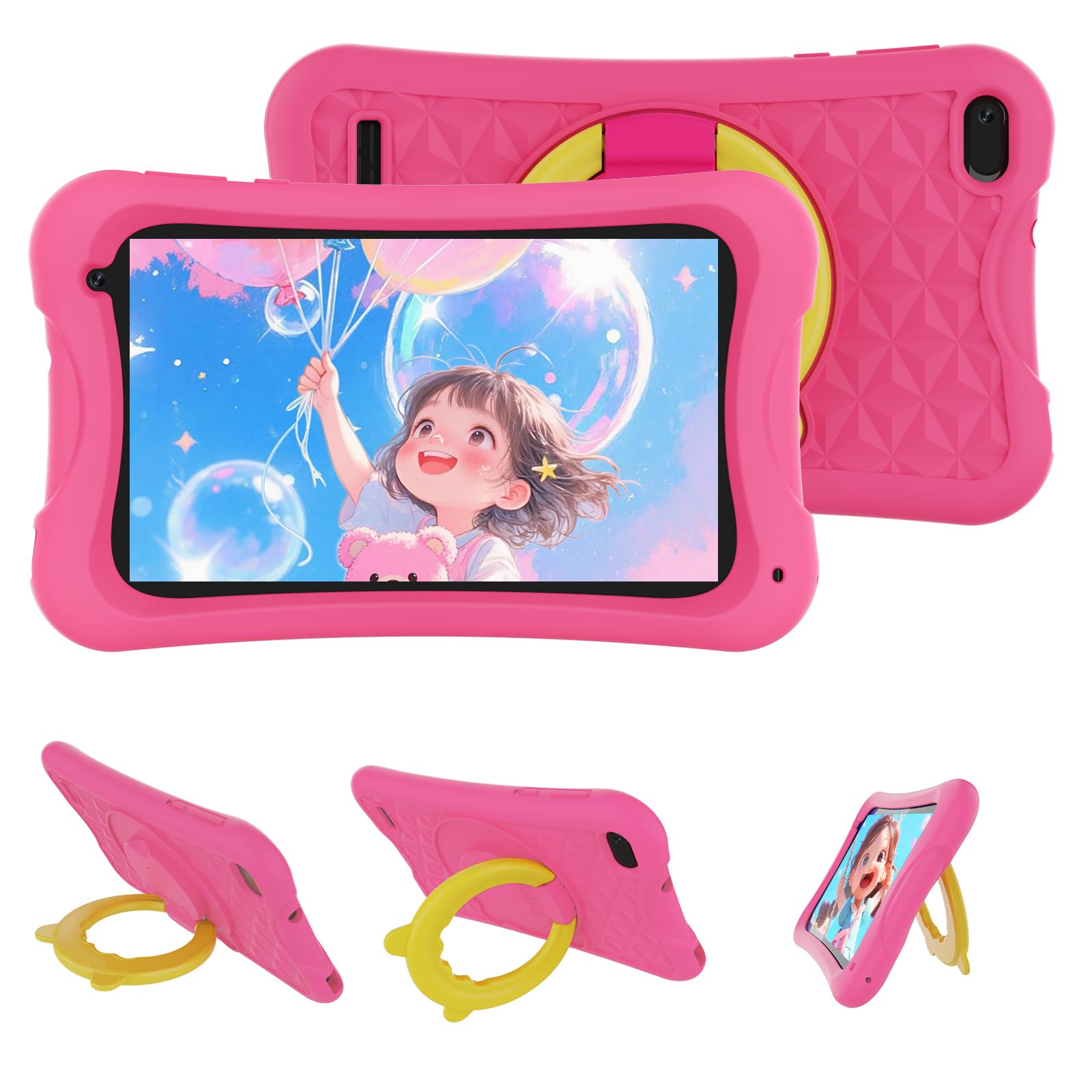 Digliand 7" Android Kids Tablet, Android 13, Quad-core Processor, 4GB+32GB, Pre-Installed Educational Apps, 2MP+5MP Dual Cameras, 3000mAh Battery, Shockproof Protective Case (Pink)