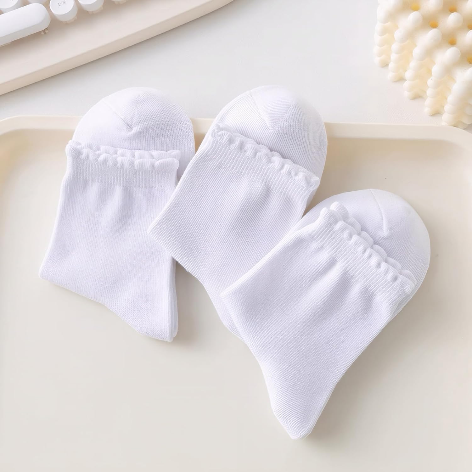 Girls White Ruffle Crew Socks for Little Kids Seamless Cotton Cute Princess School Uniform Socks 6 Pack 1-12Y - Image 5