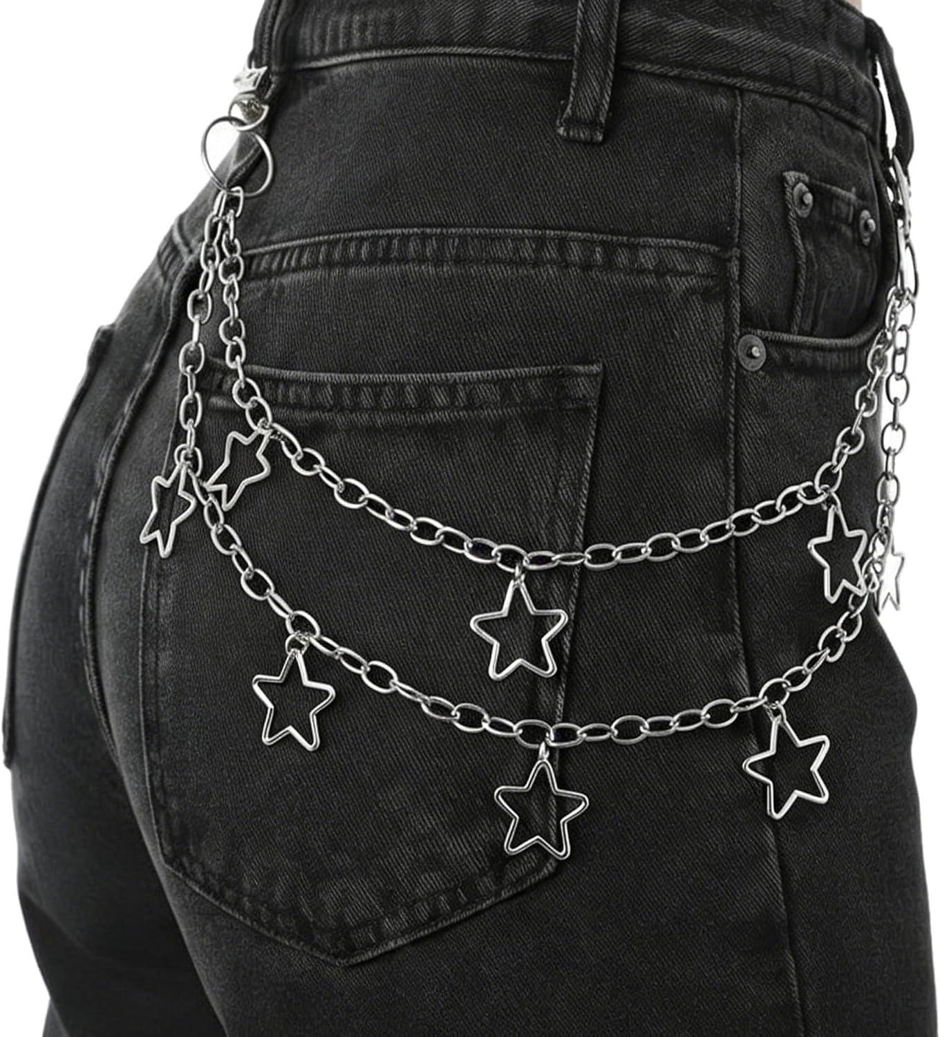 Punk Star Pants Chain Silver Double Layer Jean Chain Belt Wallet Chain for Women Men, Y2K Goth Hip Hop Grunge Waist Chain Bag Chain Emo Jeans Accessories