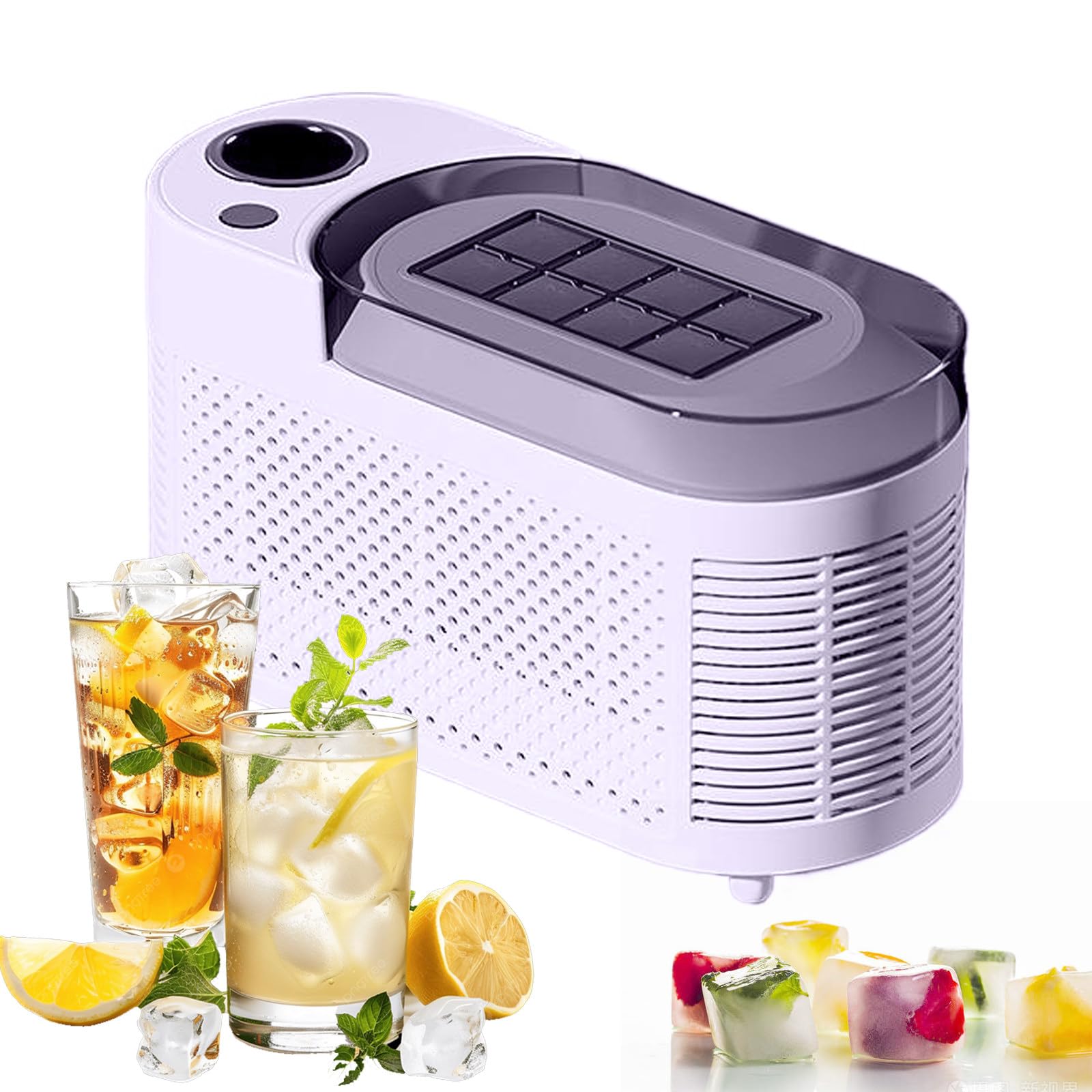 Máquina De Hielo Portátil - 8 Cubos En 10min, Inicio Con 1 Toque Con Ventana De Visualización & Barra Extracción - Diseño Compacto Para Hogar, Oficina, Autocaravana & Fiestas (12V DC/AC),Purple